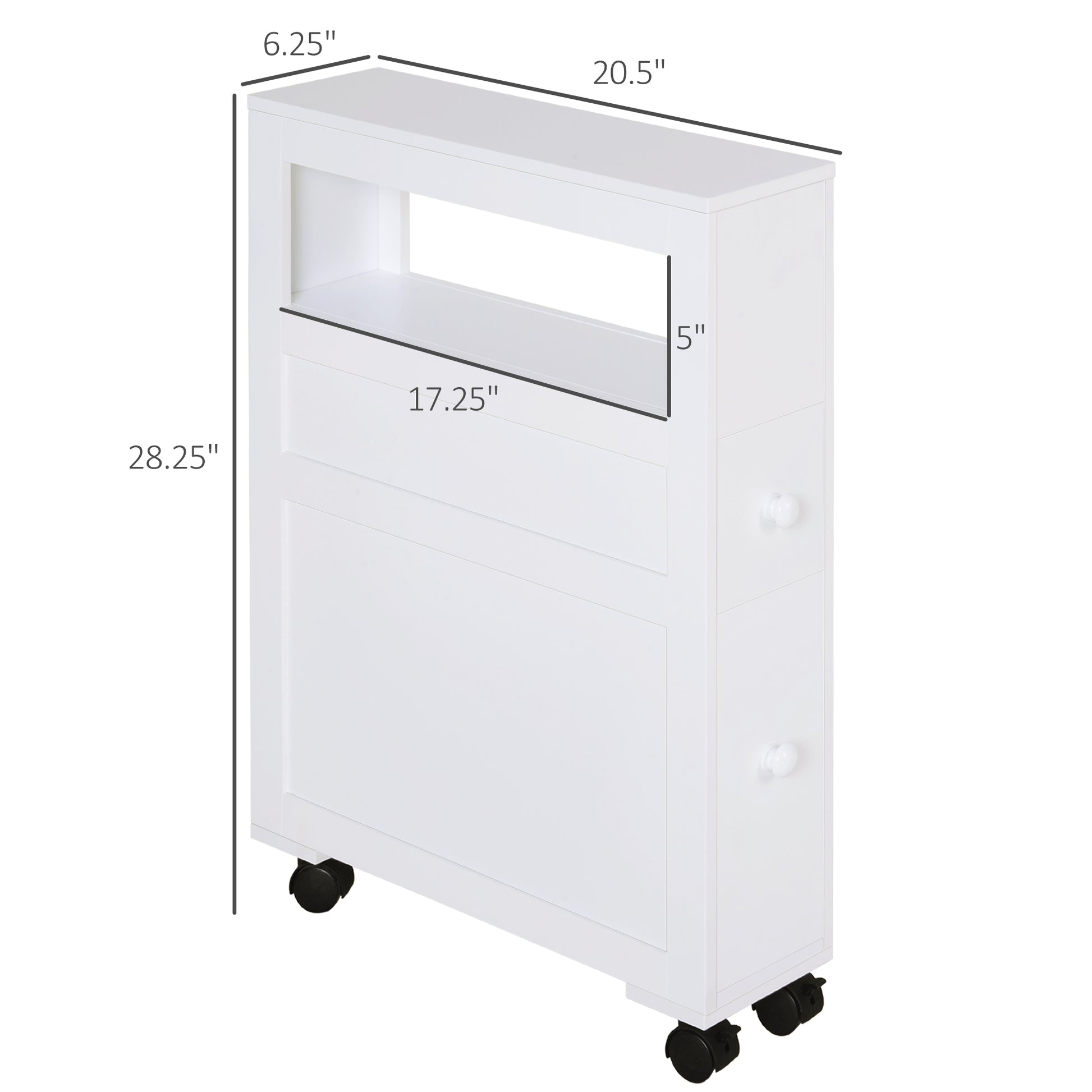 Homcom 6.25" X 20.5" X 28.25" Wood Rolling Narrow Bathroom Side Storage Cabinet White White Mdf