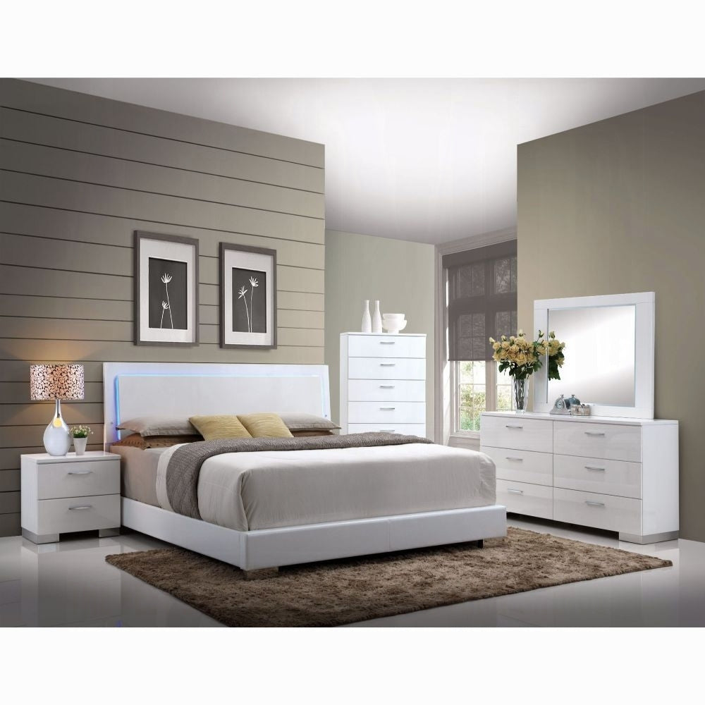 White Queen Bed With Led Light Headboard Box Spring Required Queen White Wood White Bedroom Contemporary Panel Faux Leather Faux Leather