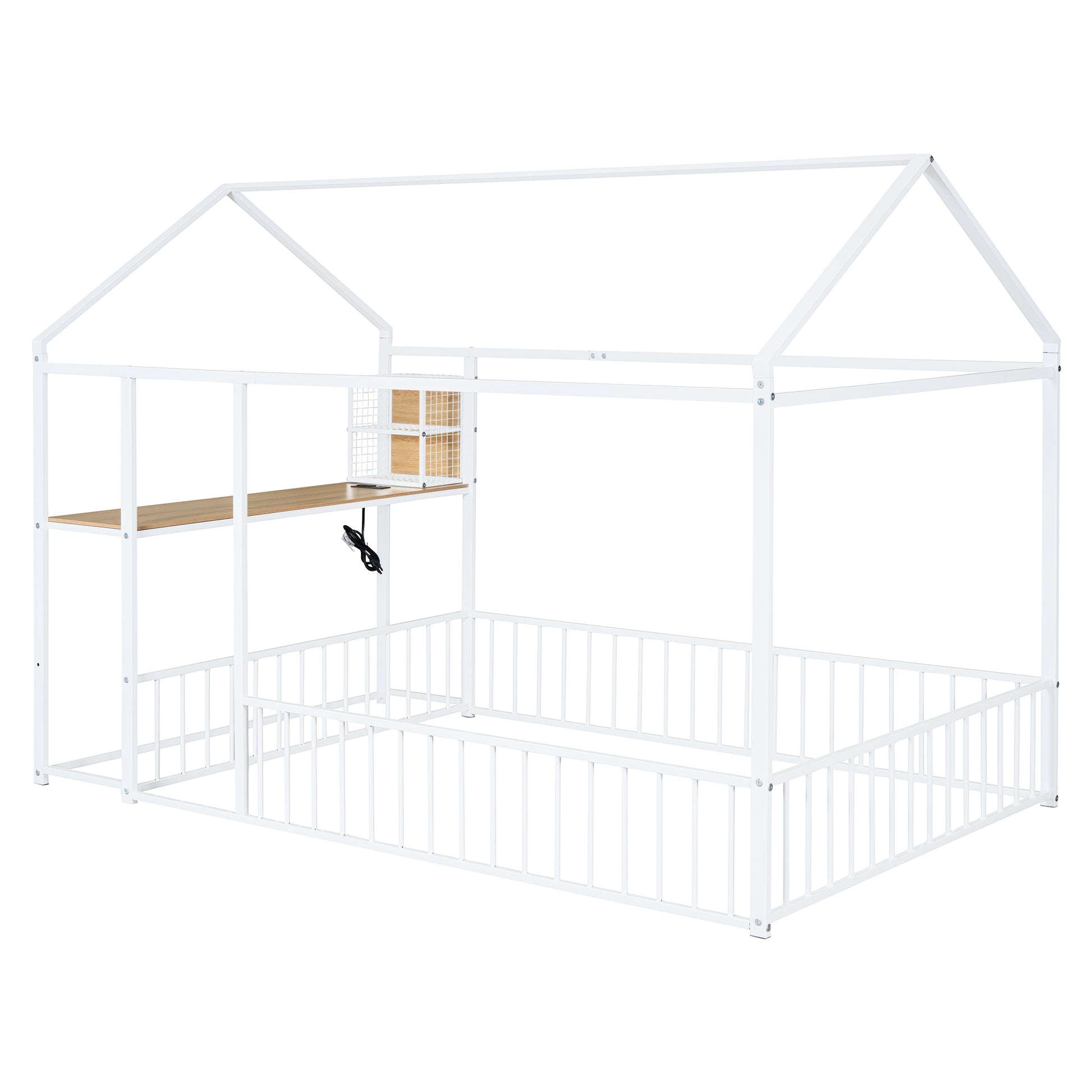 Full Size Metal Bed House Bed Frame With Desk, Shelves, Power Outlets And Usb Ports, White Full White Metal