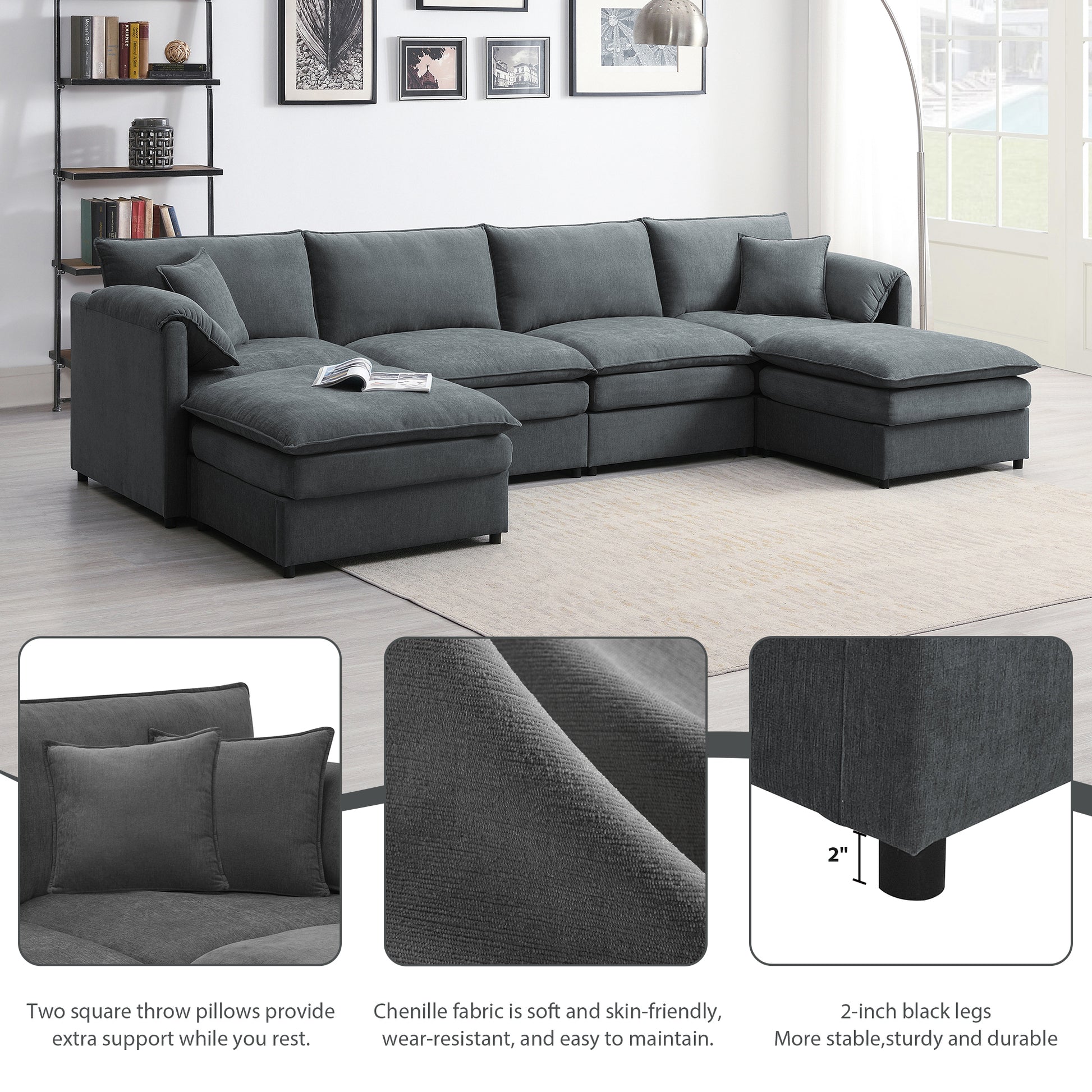 134*66" Chenille Modular Sectional Sofa,U Shaped Cloud Couch Set With Double Cushions ,6 Seat Sleeper Sofa Bed With Ottomans,Oversized Indoor Furniture For Living Room, 3 Colors Dark Gray Chenille 6 Seat