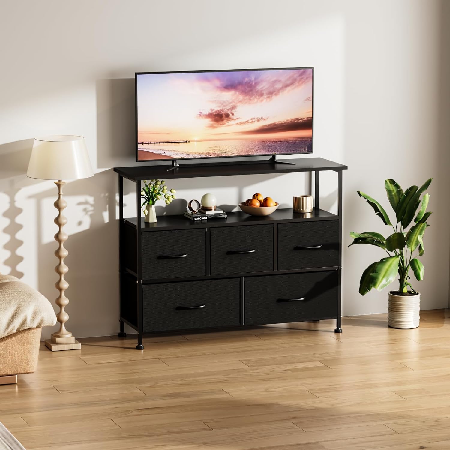 Tv Stand Dresser For Bedroom Entertainment Center With 5 Fabric Drawers, Storage Organizers Units For Living Room, Media Console Table With Open Shelf Up For 45" Tv, Black, Wood Top Black 39 Inches