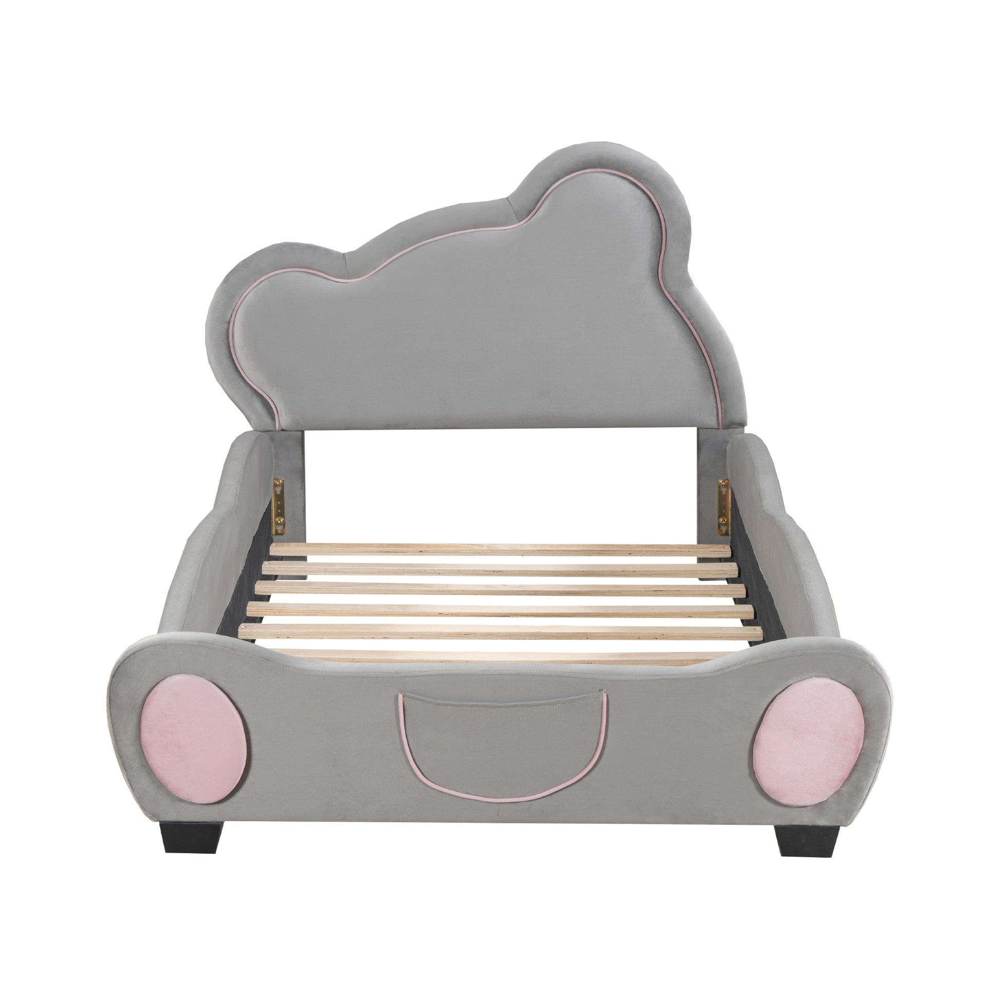 Twin Size Velvet Platform Bed With Bear Shaped Headboard, With Bed End Storage Pocket, Gray Twin Gray Plywood