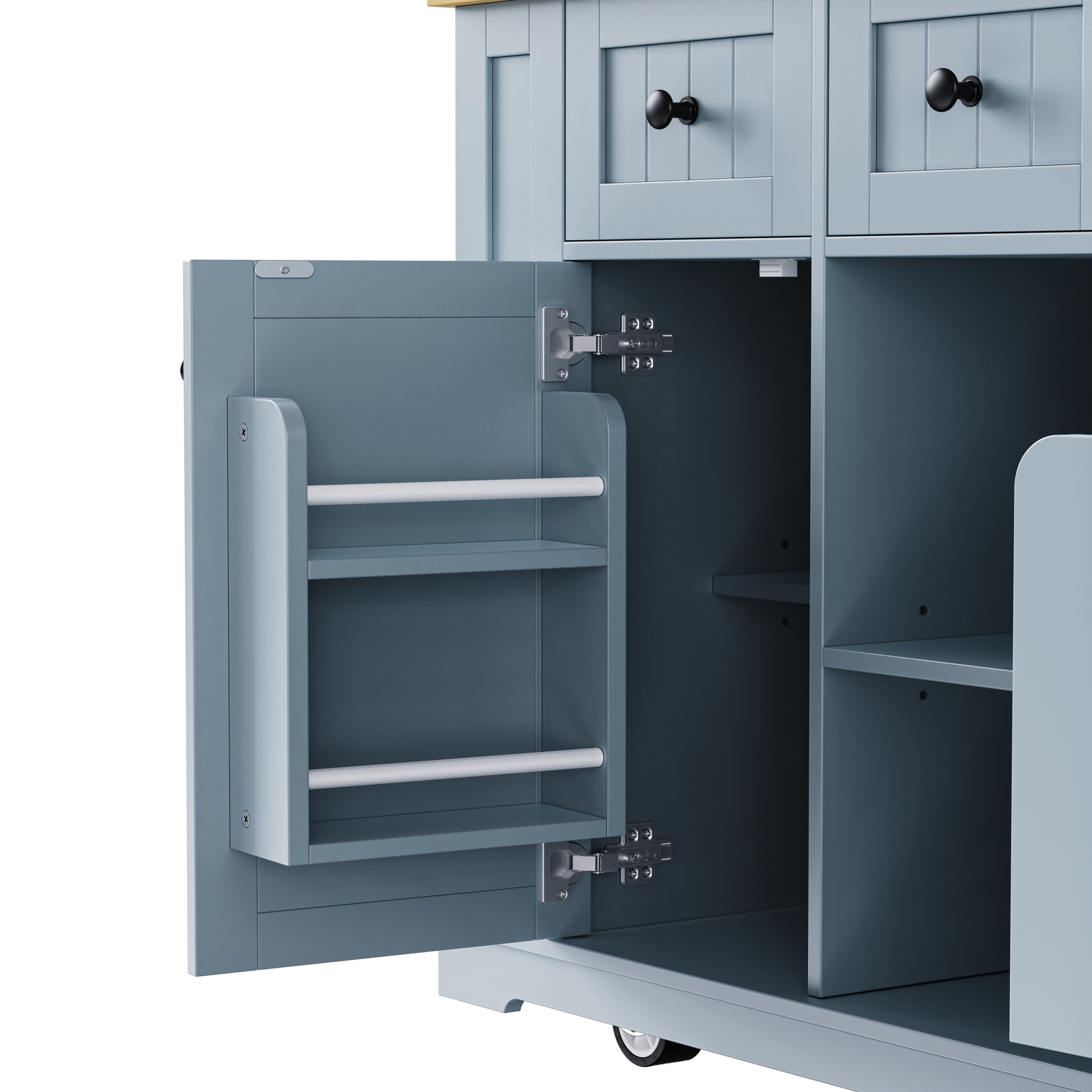 K&K 53Inch Large Kitchen Island With 2 Bar Stools, Power Outlet,Door Internal Storage Rack,Kitchen Storage Cart On 5 Wheels With Drop Leaf,5 Open Side Racks,3 Drawers For Kitchen,Dining Room,Grey Blue Grey Blue Gray Kitchen