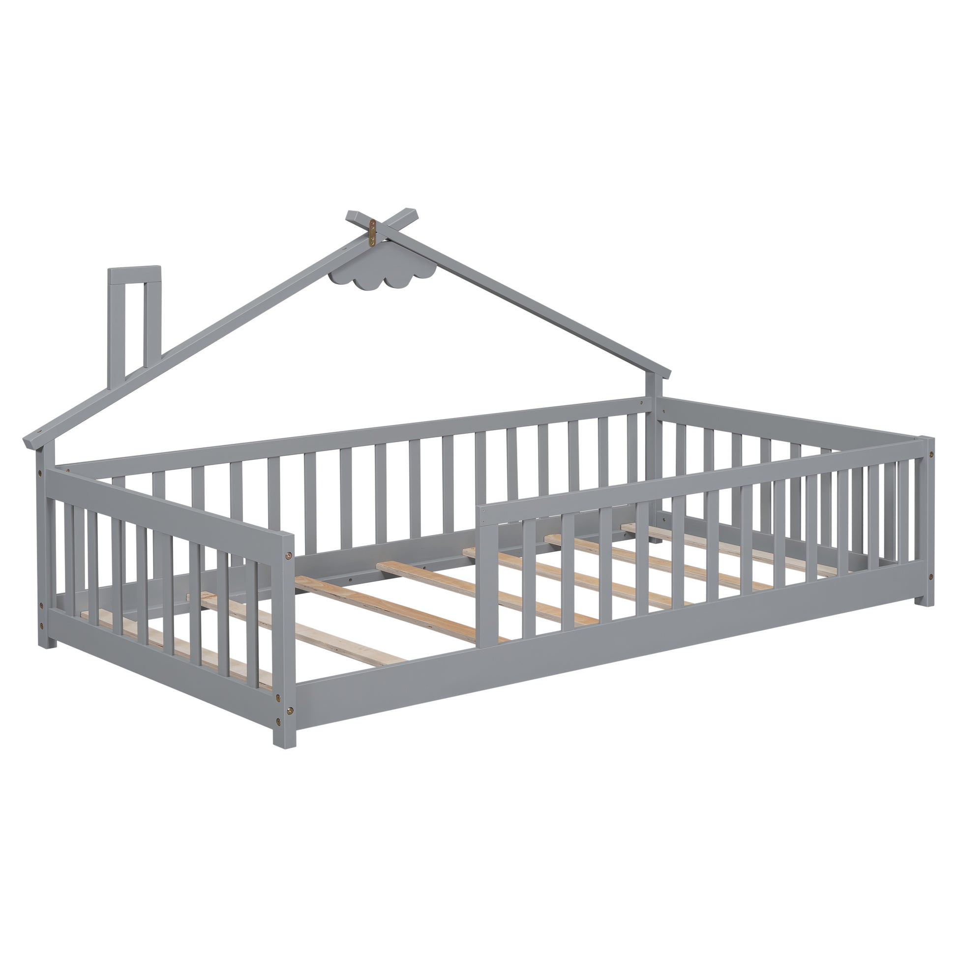 Twin House Shaped Bedside Floor Bed With Guardrails, Slats, Without Door ,Grey Twin Grey American Design Pine