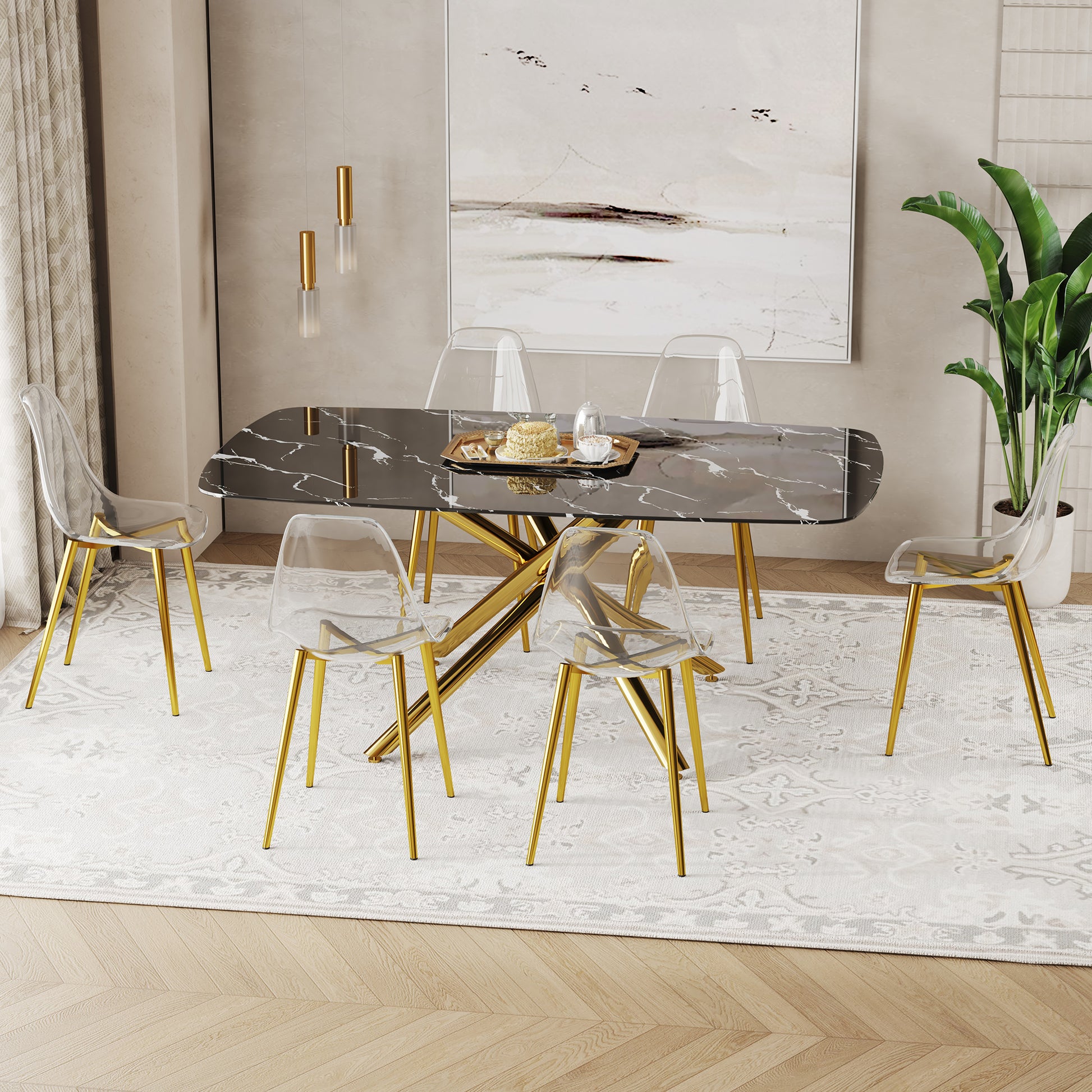 Table And Chair Set.Modern Luxurious Black Marble Patterned Tempered Glass Dining Table Set With 6 Transparent Pp Chairs.Multiple Transparent High Quality Pp Dining Chairs With Golden Legs. Gold