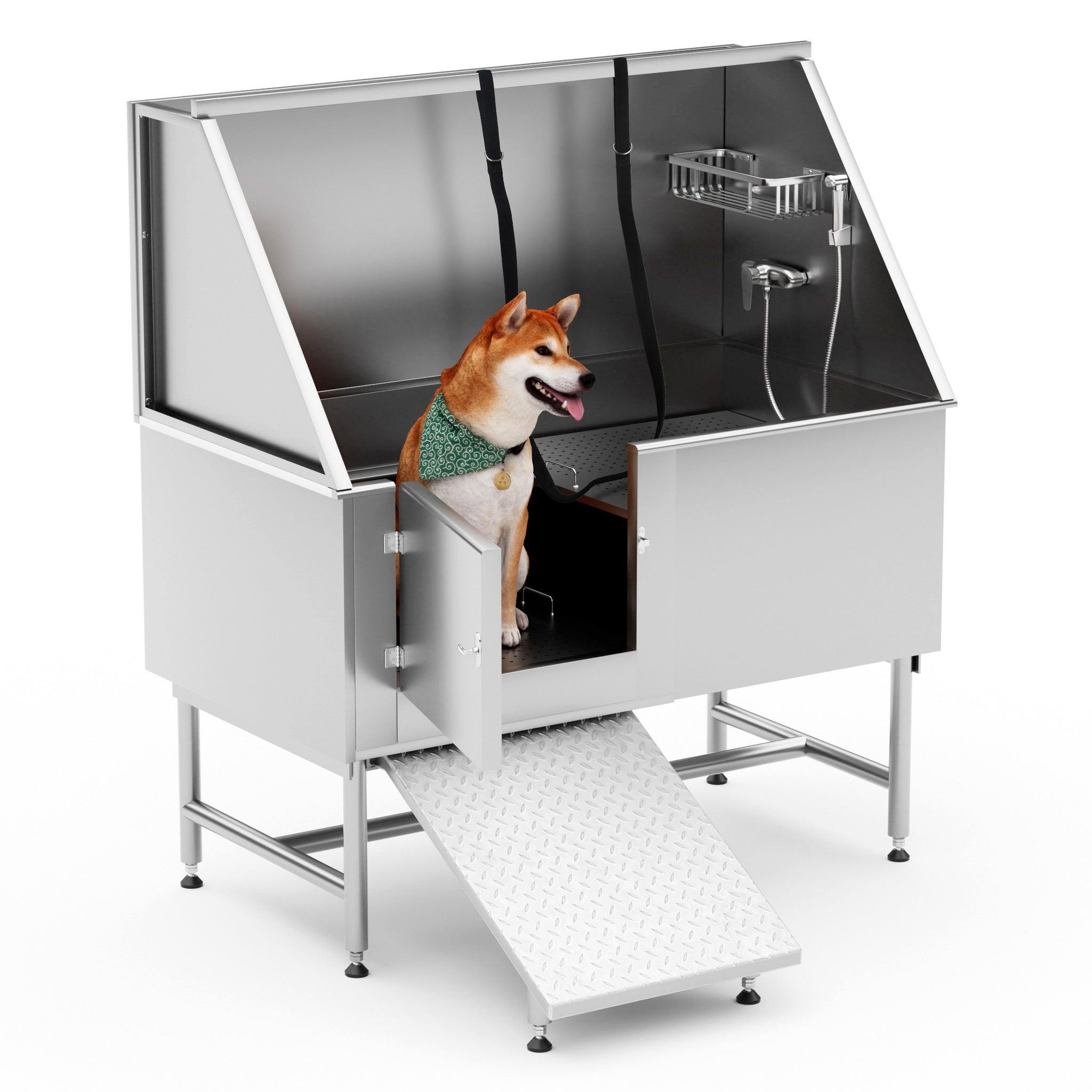 Pet Bathtub 50 Inch Professional Dog Rinse Station Left Side Ramp With Faucet, Leash And Other Accessories, Adjustable Legs, Pet Wash Station For Dogs Of All Sizes,50.2"L X 27.6"W X 60.2"H Silver Stainless Steel