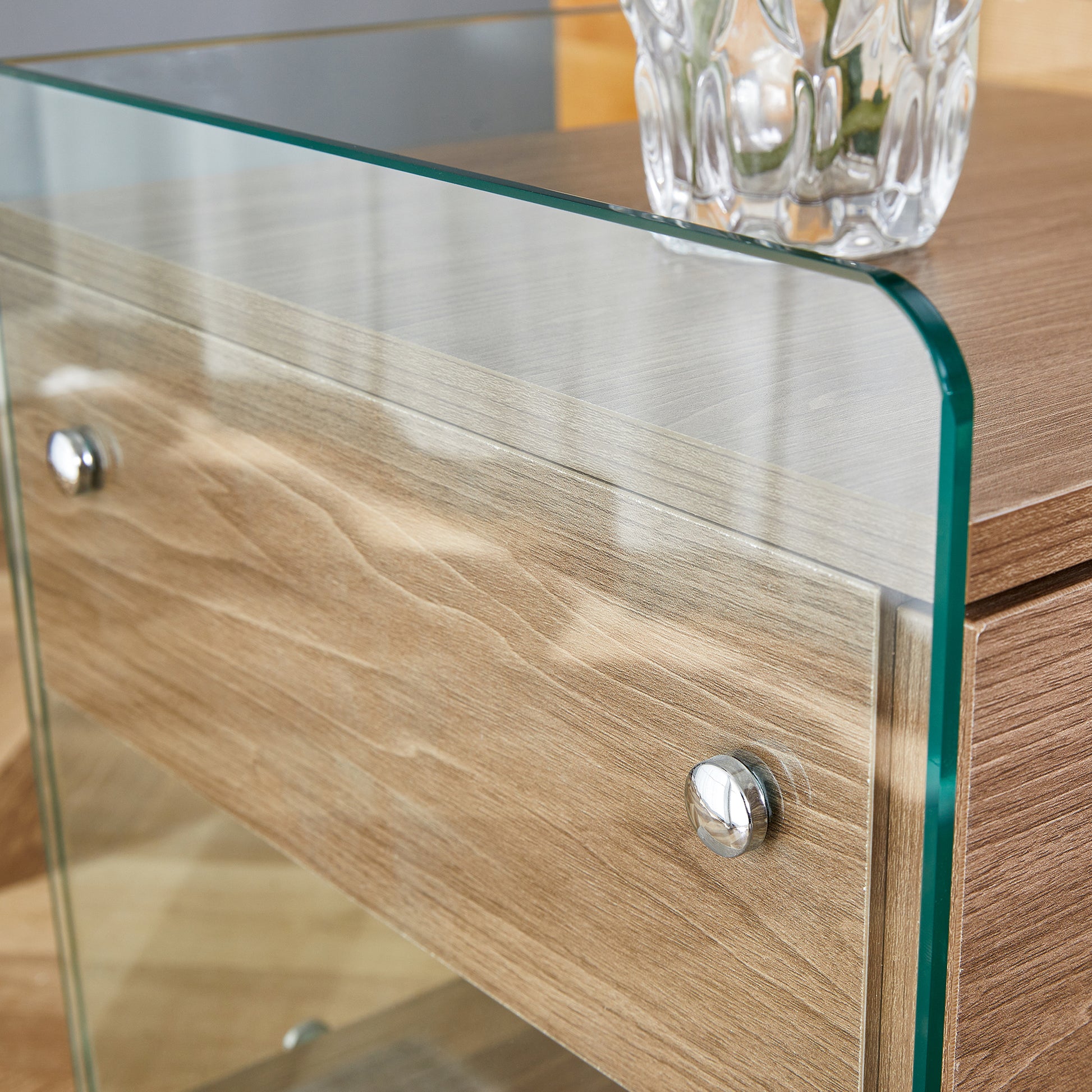 Bedside Table With Drawers. The Board Surface Is Mdf Sticker, And Both Sides Are Transparent Tempered Glass. The Design Is Simple And Elegant, With Excellent Storage Functions. Wood 1 Drawer Mdf Glass