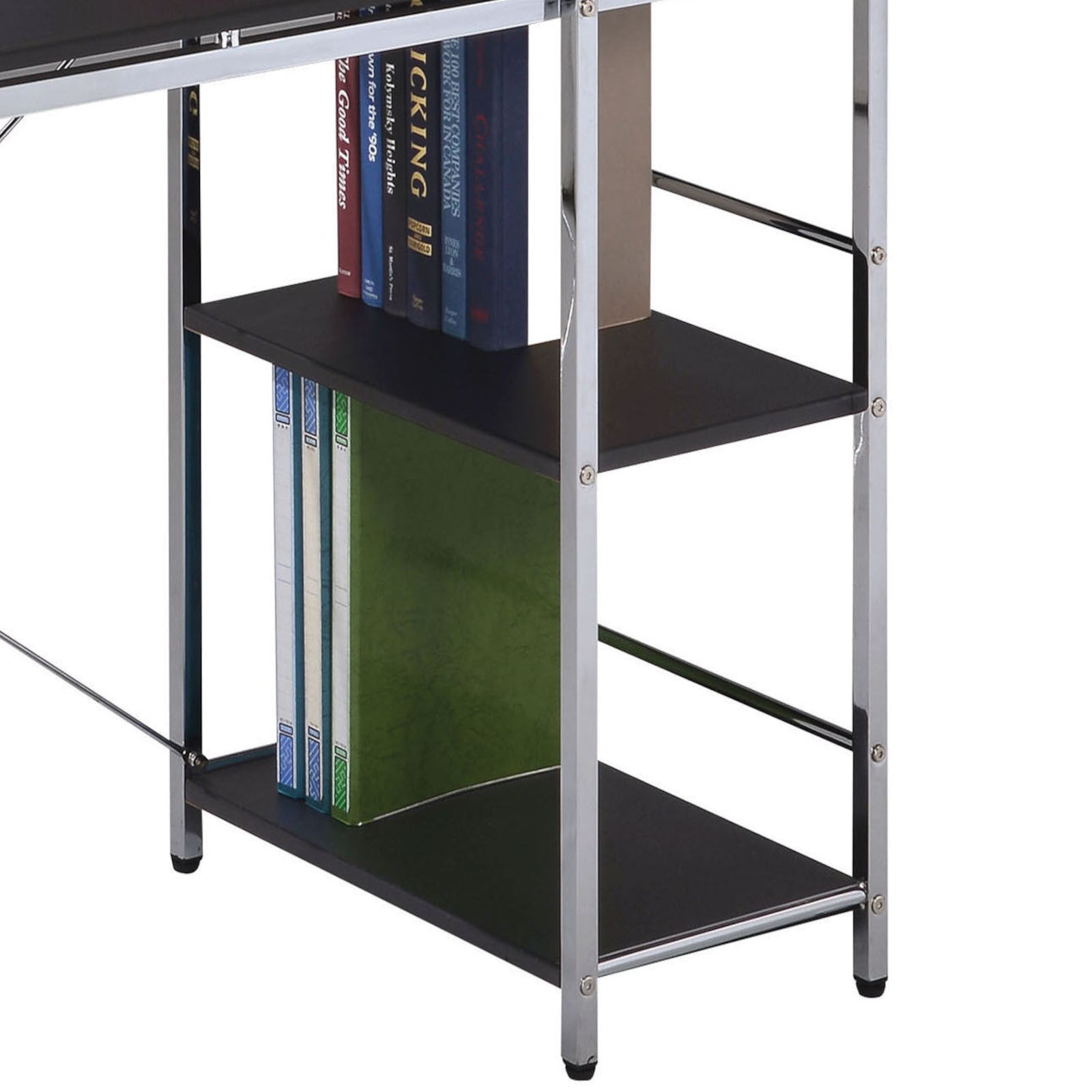 Black And Chrome Writing Desk With Shelf Black Silver Office Contemporary Freestanding Rectangular Shelves Wood Metal