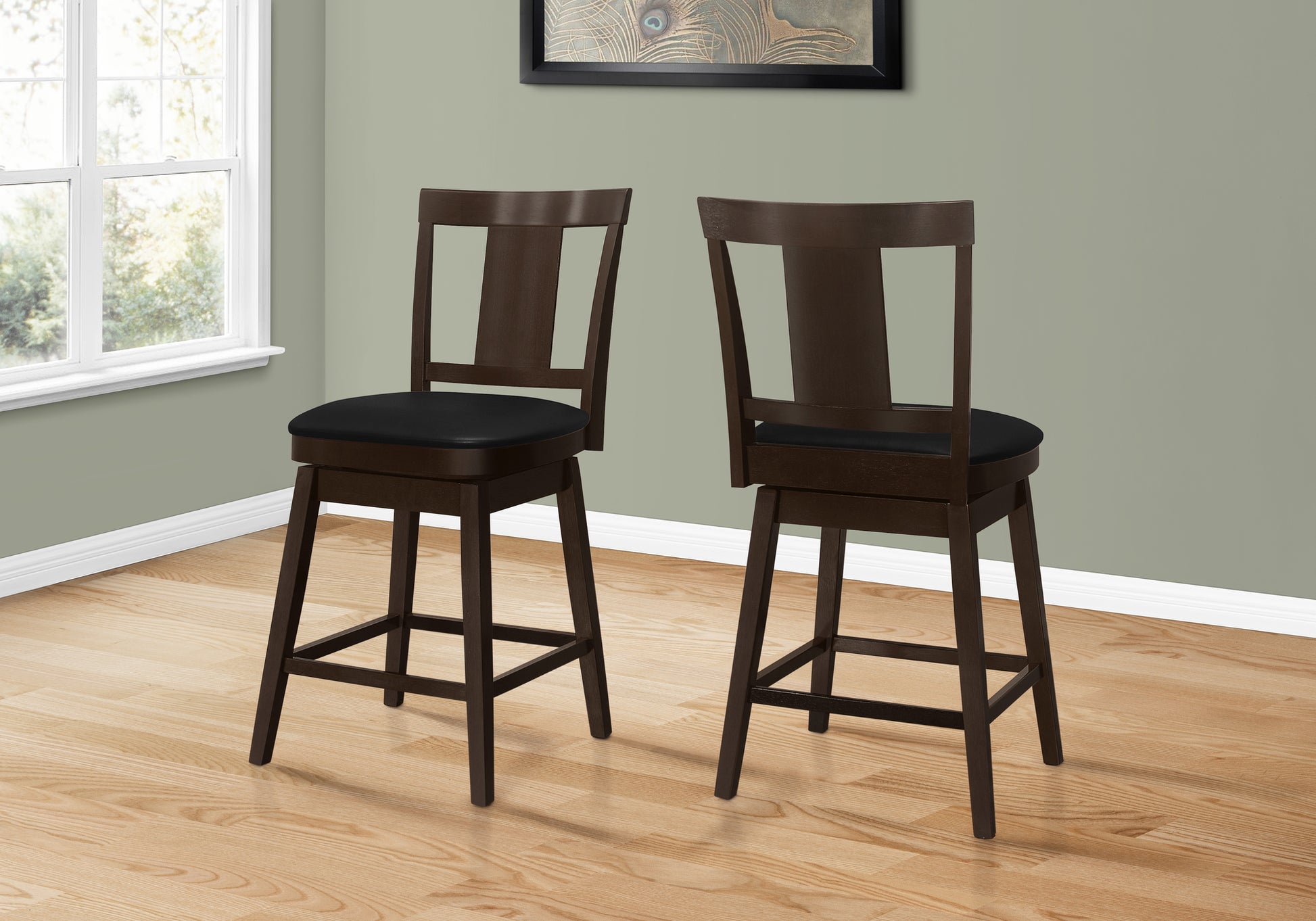 Bar Stool, Set Of 2, Swivel, Counter Height, Kitchen, Brown Wood, Black Leather Look, Transitional Espresso Foam Solid Wood