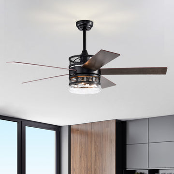 52 Inch 5 Blade Lighted Ceiling Fan With Remote Controlglass Shade Optional Remote Matte Black Matte Black American Design,American Traditional,Classic,Contemporary,Farmhouse Plywood Metal