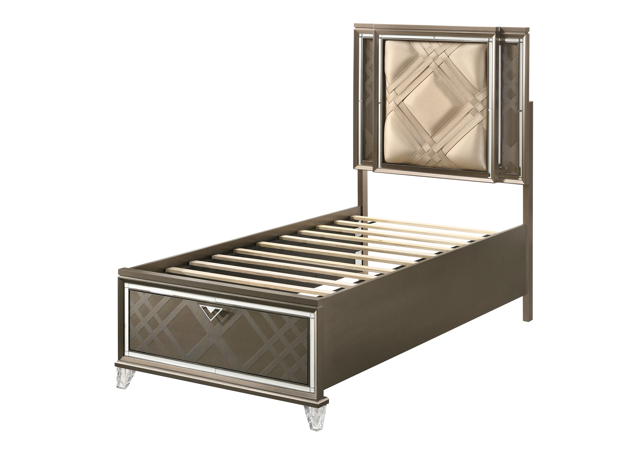 Beige And Dark Champagne Twin Bed With Storage Box Spring Not Required Twin Beige Wood Bedroom Glam Rubberwood Storage Included Wood