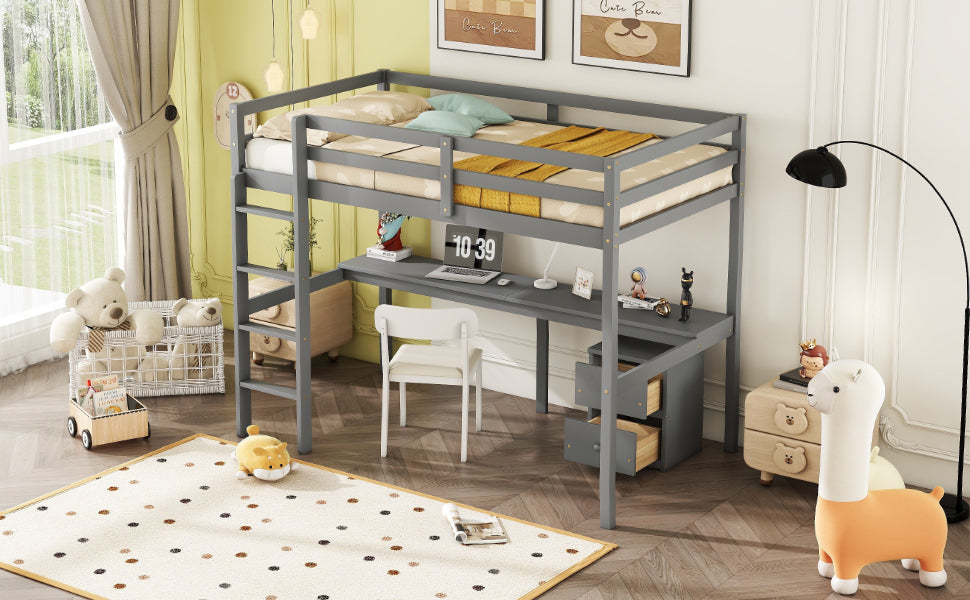 Twin Loft Wood Bed With Under Bed, Built In Desk, A Storage Cabinet Of 2 Drawers, Guardrails, Ladder,Grey Twin Grey Pine