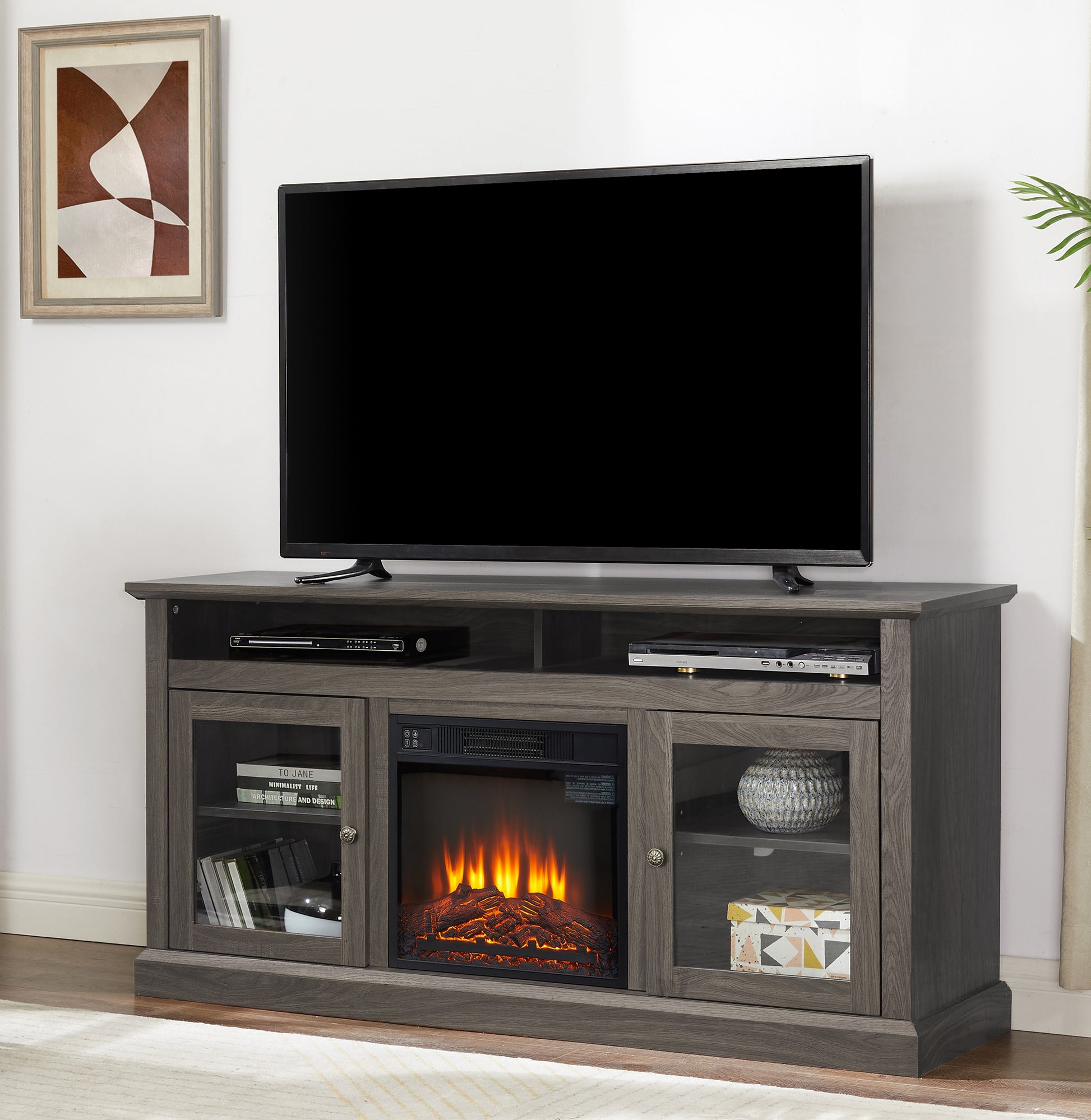 Modern Tv Media Stand Modern Entertainment Console With 18" Fireplace Insert For Tv Up To 65" With Open And Closed Storage Space, Dark Walnut Black, 60"W*15.75"D*29"H Black Dark Walnut 60 69 Inches Mdf