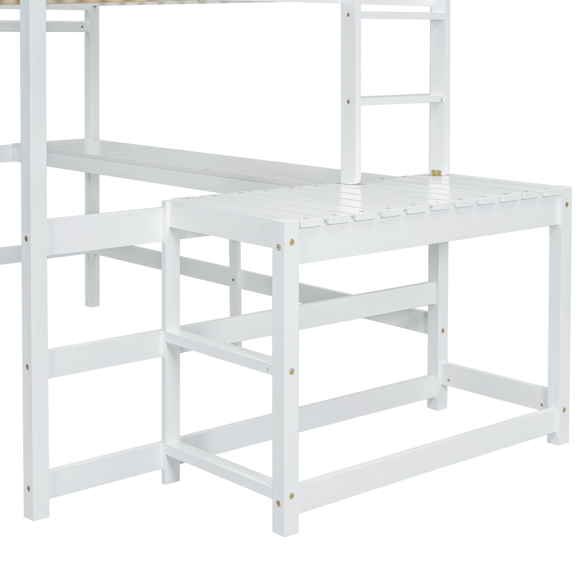 Full Loft Bed With Built In Desk, Ladder Platform, Ladders, Guardrails,White Full White Bedroom American Design Pine