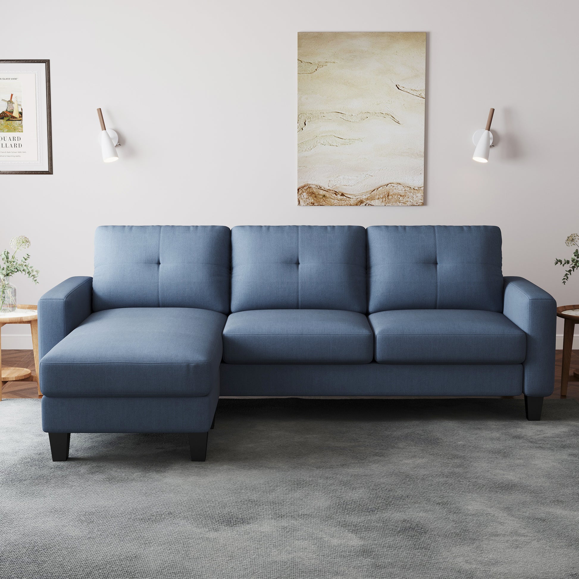 Living Room Furniture With Polyester Fabric L Shape Couch Corner Sofa For Small Space Blue Blue Foam Polyester 3 Seat