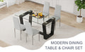 Table And Chair Set.A Rectangular Dining Table Features With Tempered Glass Top And Sleek Black Mdf Stand.Paried With 4 Pu Chairs With Checkered Armless High Back And Electroplated Metal Legs. Light Gray,Transparent Seats 4 Mdf Glass