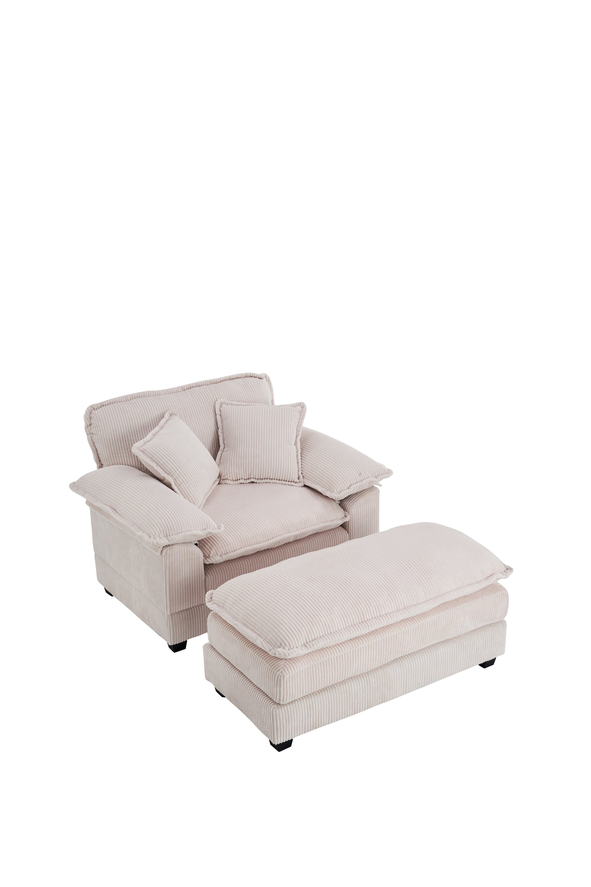 56.3 Inch Corduroy Single Sofa With 2 Toss Pillows And A Ottoman ,Comfy Sofa Deep Seat Couch For Living Room White Foam 1 Seat