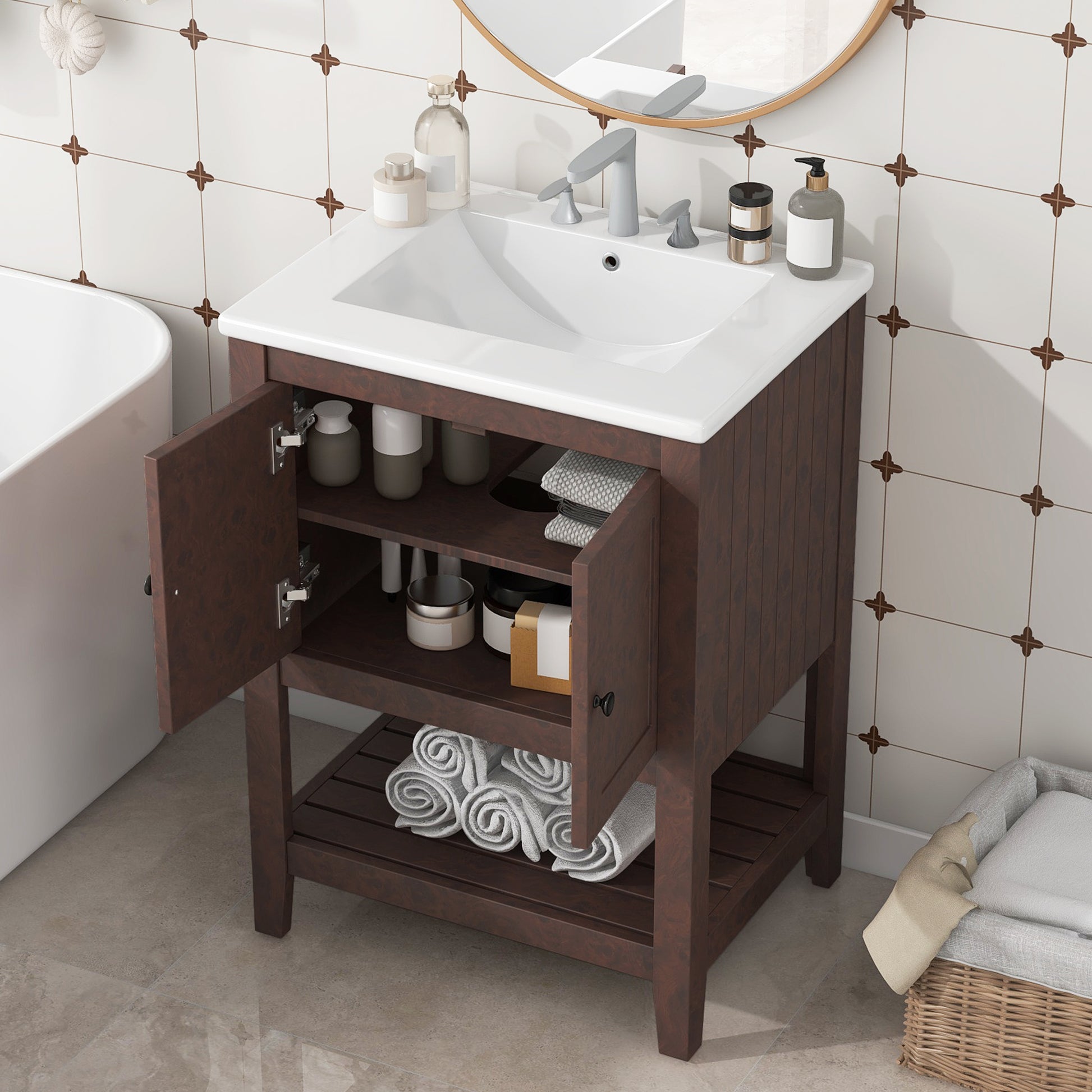 Video 24" Brown Modern Sleek Bathroom Vanity Elegant Ceramic Sink With Solid Wood Frame Open Style Shelf Brown Solid Wood Mdf