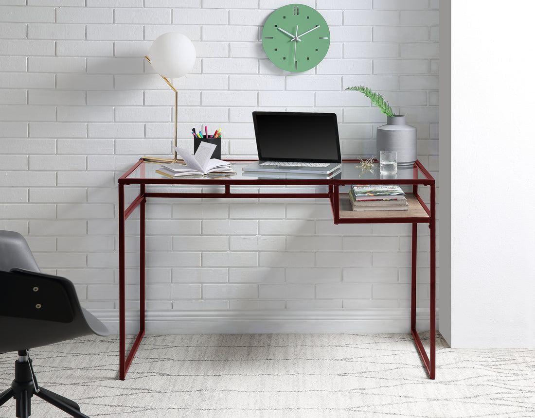Yasin Glass Top & Red Finish Writing Desk Red Glass,Metal,Synthetic Wood