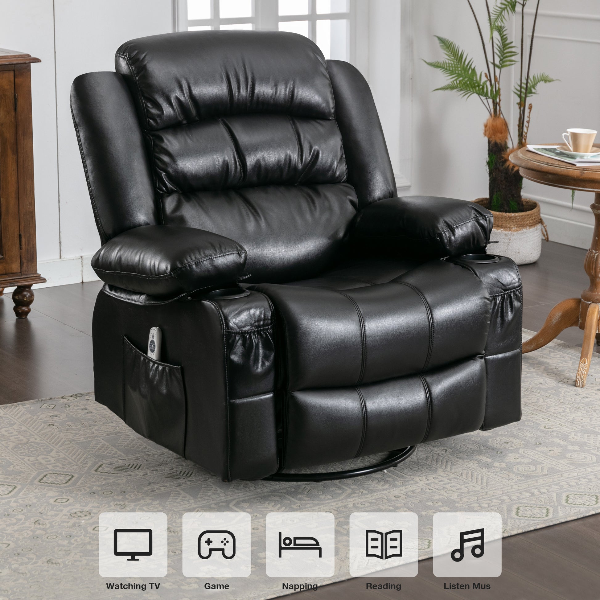 Massage Swivel Rocker Recliner Chair With Vibration Massage And Heat Ergonomic Lounge Chair For Living Room With Rocking Function And Side Pocket 2 Cup Holders Usb Charge Port Black Faux Leather Manual Handle Metal Soft Heavy Duty Push Button Foam Pu