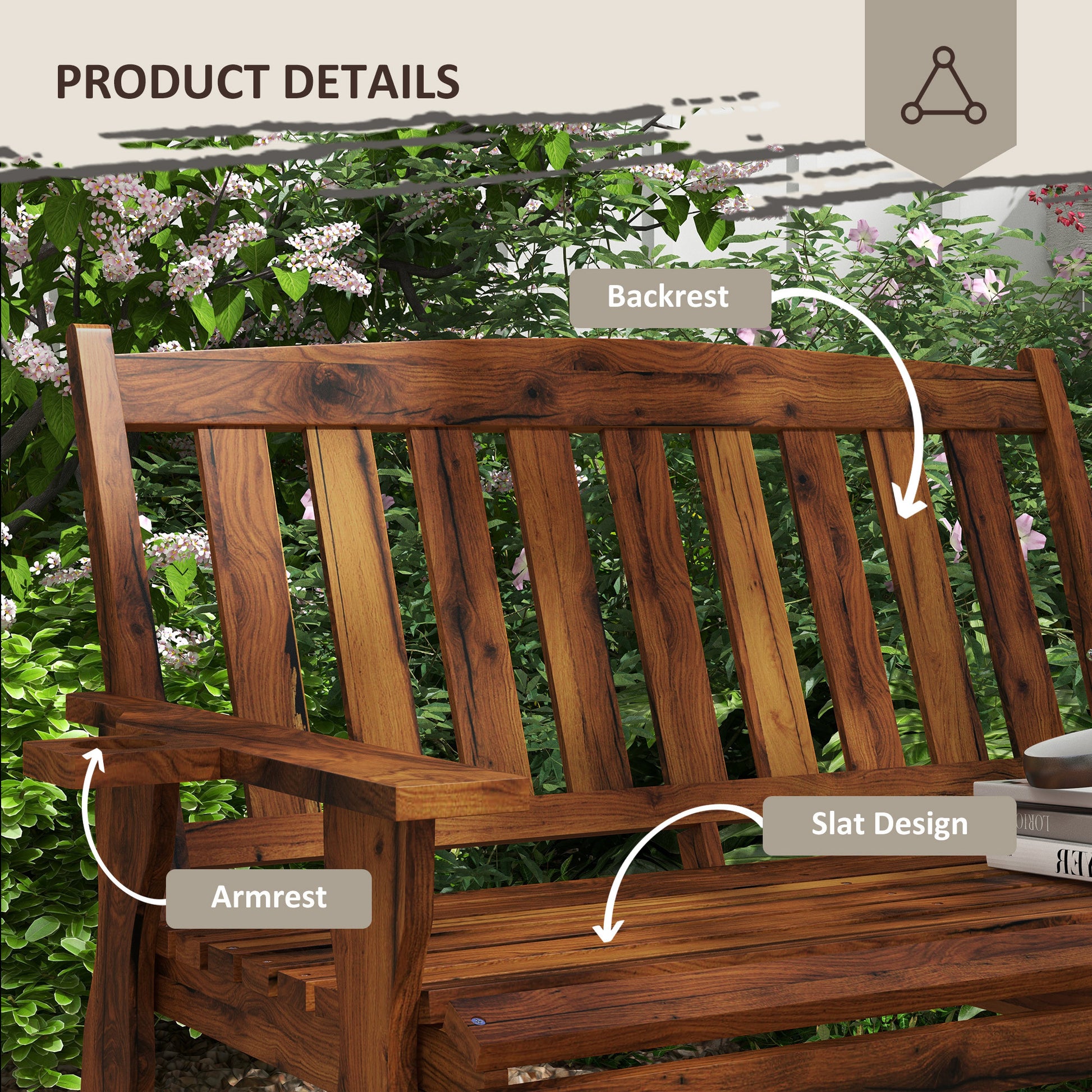 Outsunny Wood Outdoor Bench, 2 Person Garden Bench With Cupholder Armrests, Slatted Seat And Backrest, Park Bench For Patio, Porch, Lawn, Deck, Carbonized Black Brown Wood