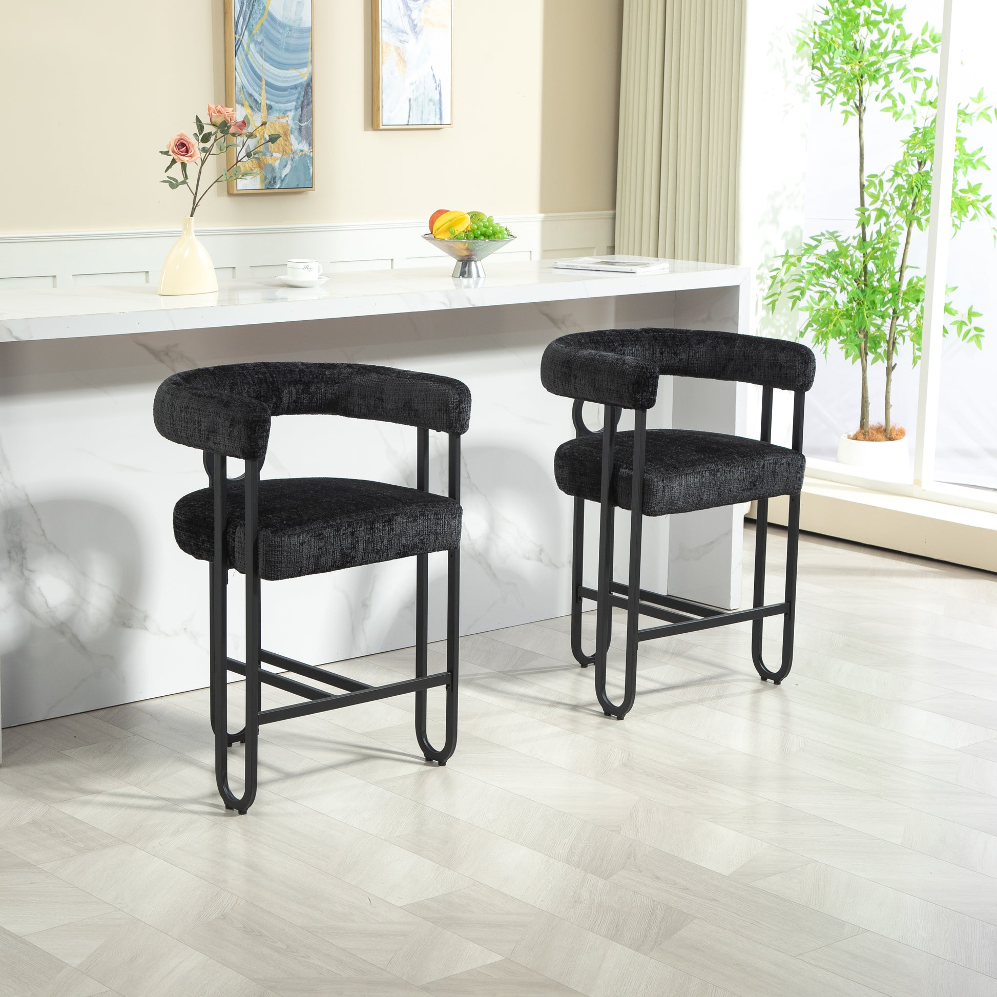 Coolmore Bar Stools Set Of 1, Modern Bar Stool With Back, Black Metal Frames, Upholstered Bar Stools For Kitchen Island, Pub, Club Black Chenille Black Primary Living Space Foam Chenille