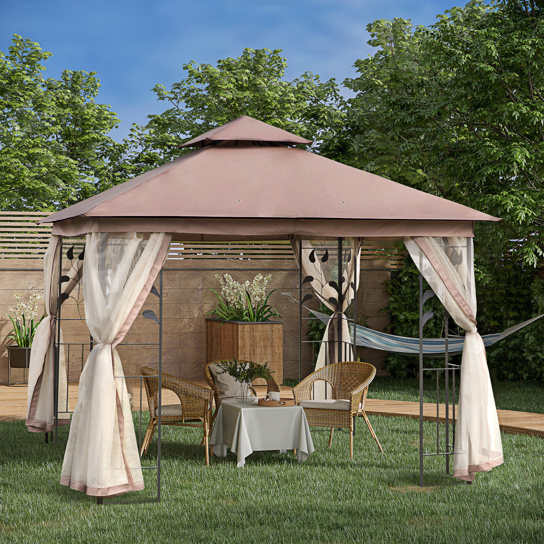 Outsunny 10' X 10' Metal Patio Gazebo, Double Roof Outdoor Gazebo Canopy Shelter With Tree Motifs Corner Frame And Netting, For Garden, Lawn, Backyard, And Deck, Brown Brown Polyester