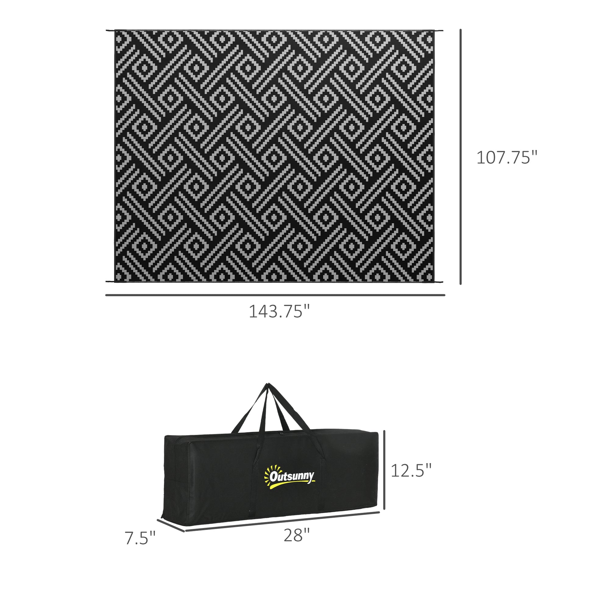 Outsunny Reversible Outdoor Rug, 9' X 12' Waterproof Plastic Straw Floor Mat, Portable Rv Camping Carpet With Carry Bag, Large Floor Mat For Backyard, Deck, Picnic, Beach, Black & Gray Geometric Multicolor Polypropylene