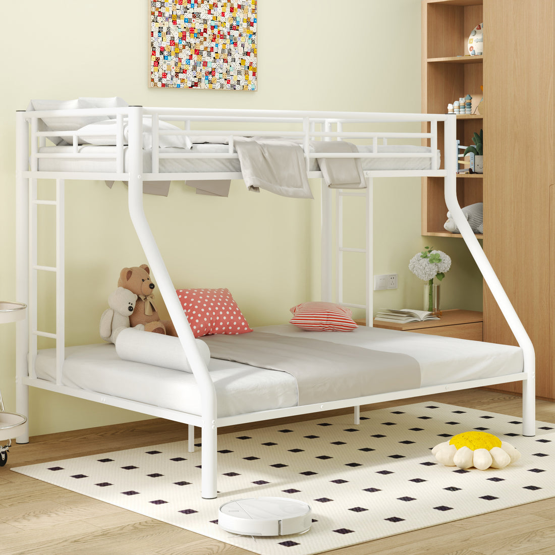 Twin Xl Over Queen Metal Bunk Bed With Ladder And Guardrails, White Expected Arrival Time: 9.7 Box Spring Not Required Twin Xl White Metal Metal