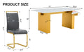 Table And Chair Set.Large Modern Rectangular Table With 0.4 Inch Patterned Glass Tabletop And Large Mdf Table Legs.Comes With 6 Chairs With Faux Leather Cushioned Seats And Golden Metal Legs. Gold White Seats 6 Mdf Glass