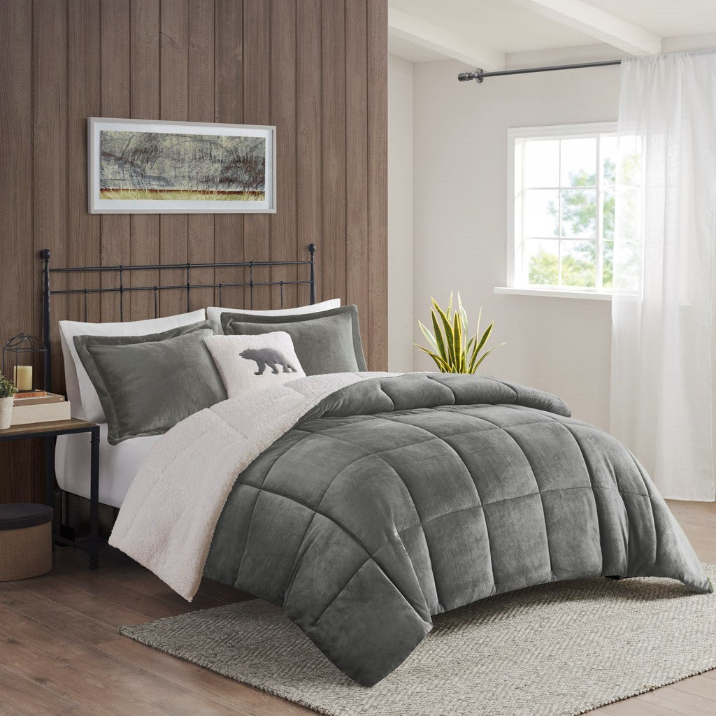 Plush To Sherpa Down Alternative Comforter Set King Charcoal Ivory Polyester