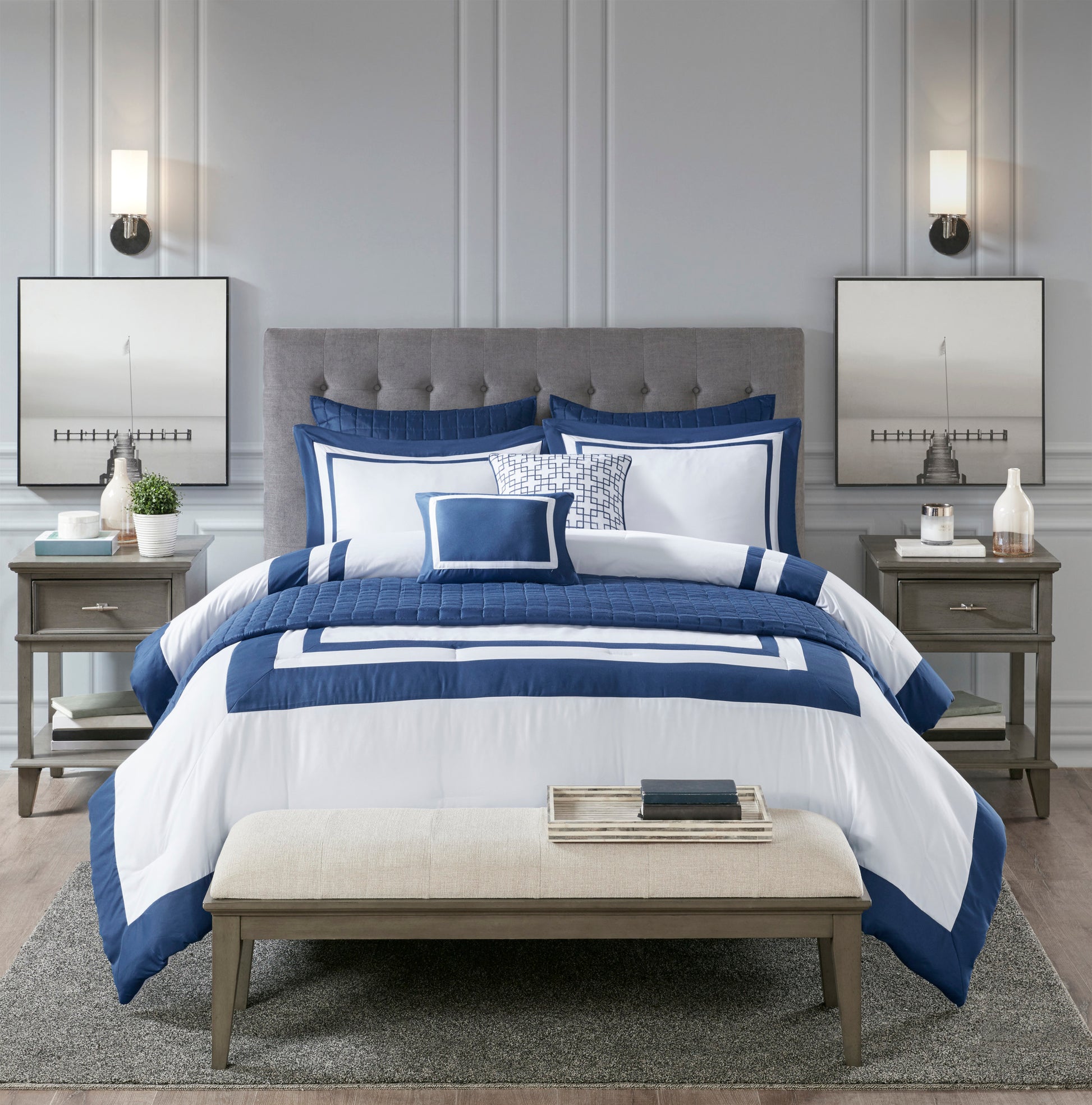 8 Piece Comforter And Quilt Set Collection Navy King Cal King King Navy Polyester