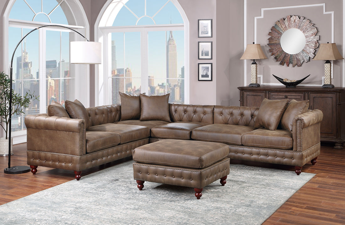 Dark Coffee 4Pc Sectional Set 3X Reversible Loveseat Chaise And 1X Ottoman Tufted Couch Pillows Dark Coffee Faux Leather Wood Primary Living Space Tight Back Contemporary,Luxury,Traditional Modular