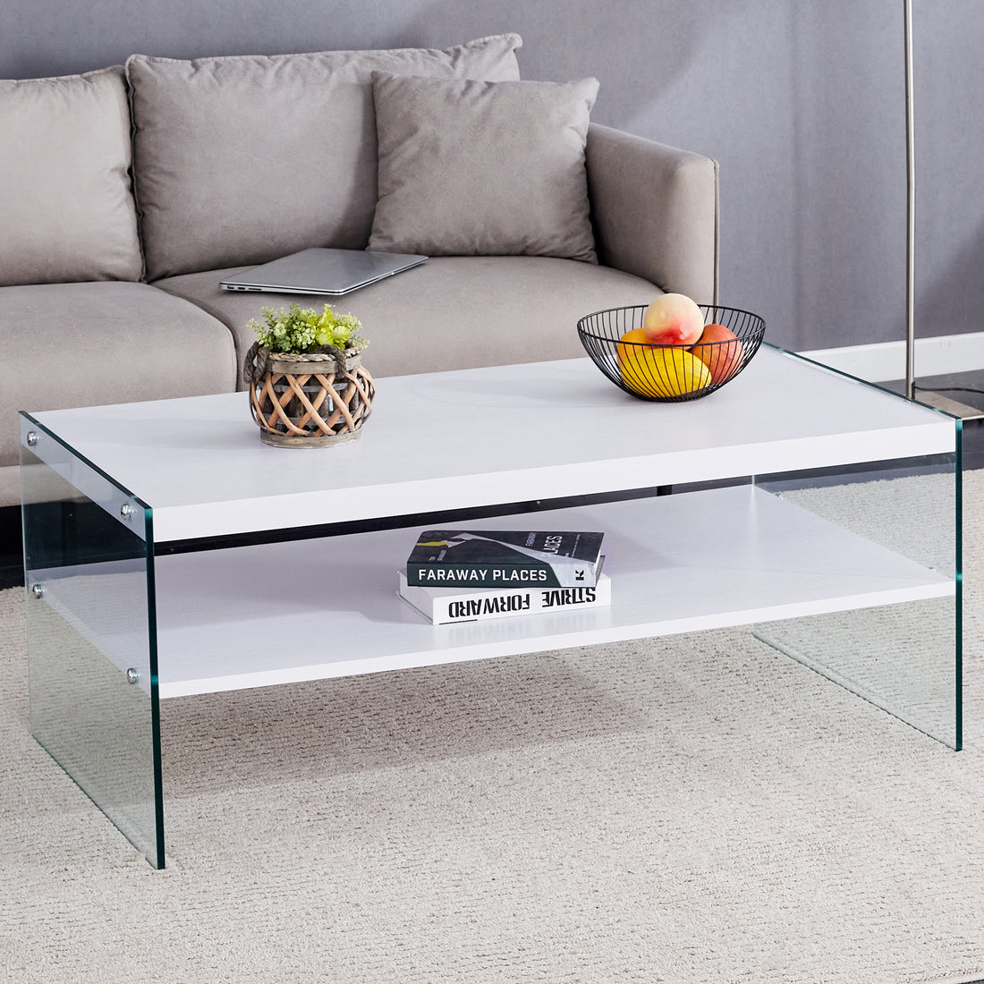 Double Rectangular Coffee Table. The Board Surface Is Mdf, With White Stickers, And Both Sides Are Transparent Tempered Glass. Suitable For Living Room, Bedroom And Other Occasions. White Mdf Glass