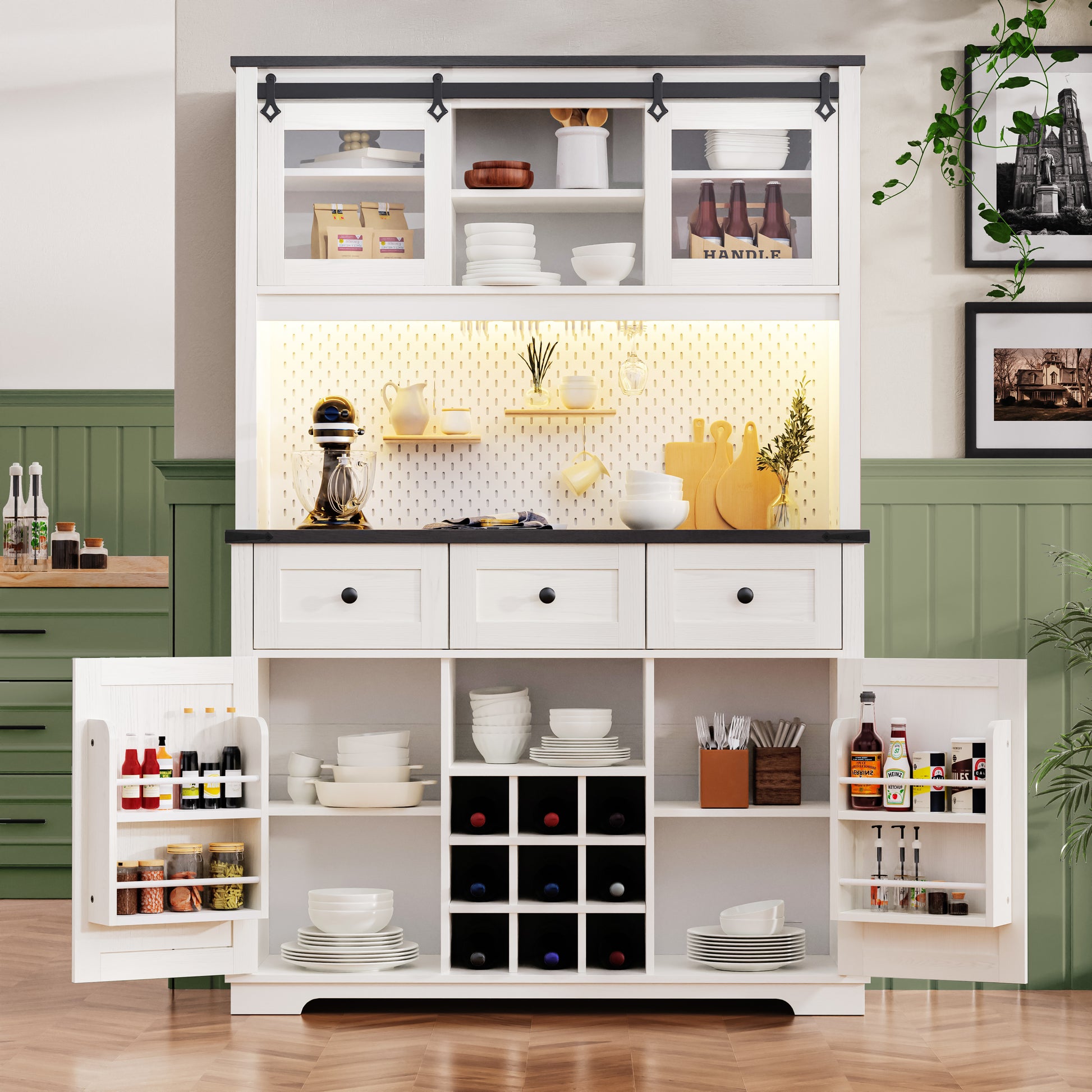 K&K 71" Farmhosue Pantry Bar Cabinet With Internal Storage Rack,Kitchen Cabinet With Hutch,Sliding Door,Power Outlet,Pegboard,Wine & Glasses Rack,3 Drawers,Rustic Coffee Bar Storage Cabinet,White Oak White Oak White Kitchen American Design,American