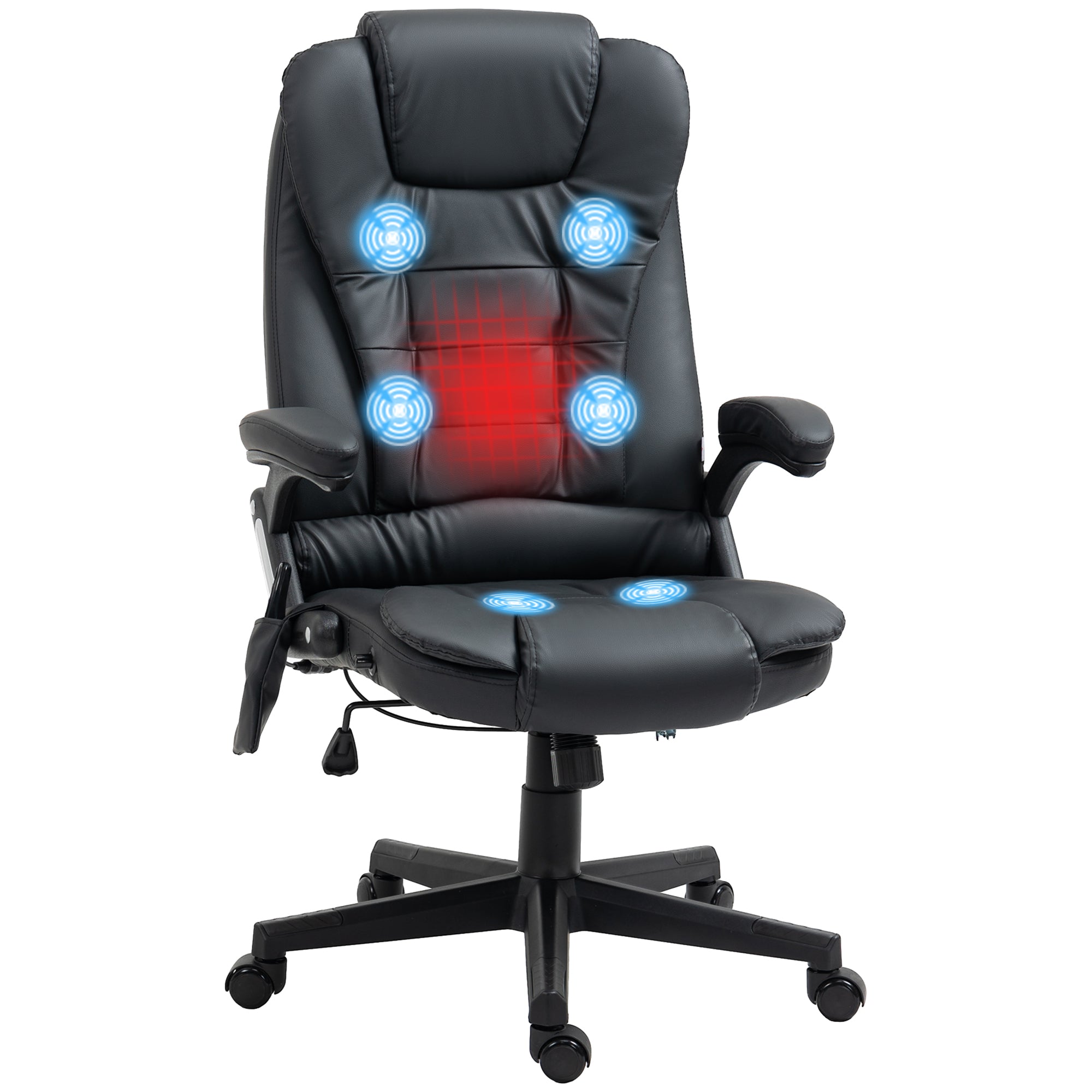 Homcom High Back Vibration Massage Chair, Heating Office Chair, Black Black Pu Leather