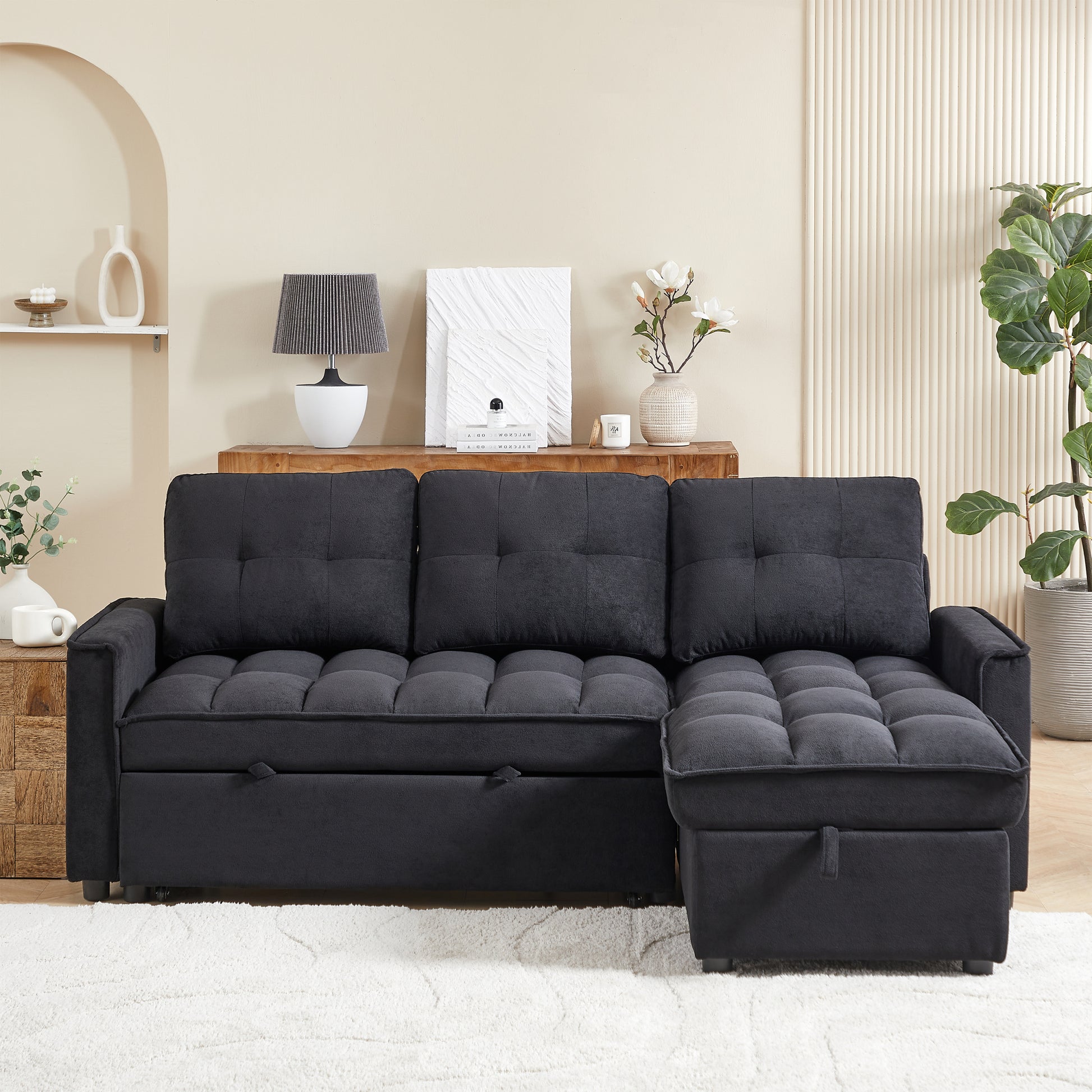 Mh 78.75" Reclining Sofa, Pull Out Sofa Bed With Usb And Tape C Charging Ports, L Shaped Sectional Sofa With Reclining Storage And Arm Side Organizer Pocket Features, Living Room Comfort Sofa Black Chenille Wood Primary Living Space Eucalyptus Foam