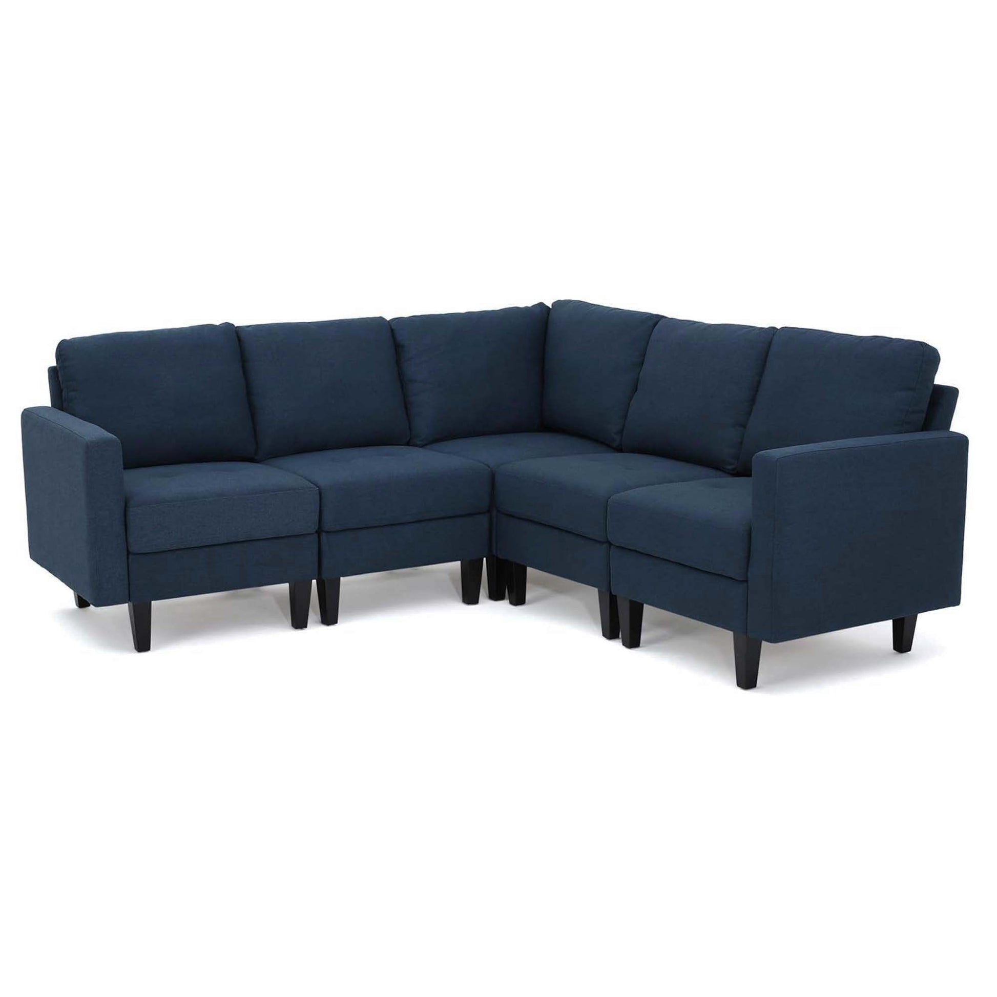 Mirod Comfy 5 Pieces L Shaped Sofa With Wooden Legs, Modern Side Chairs For Living Room Navy Blue Fabric 4 Seat