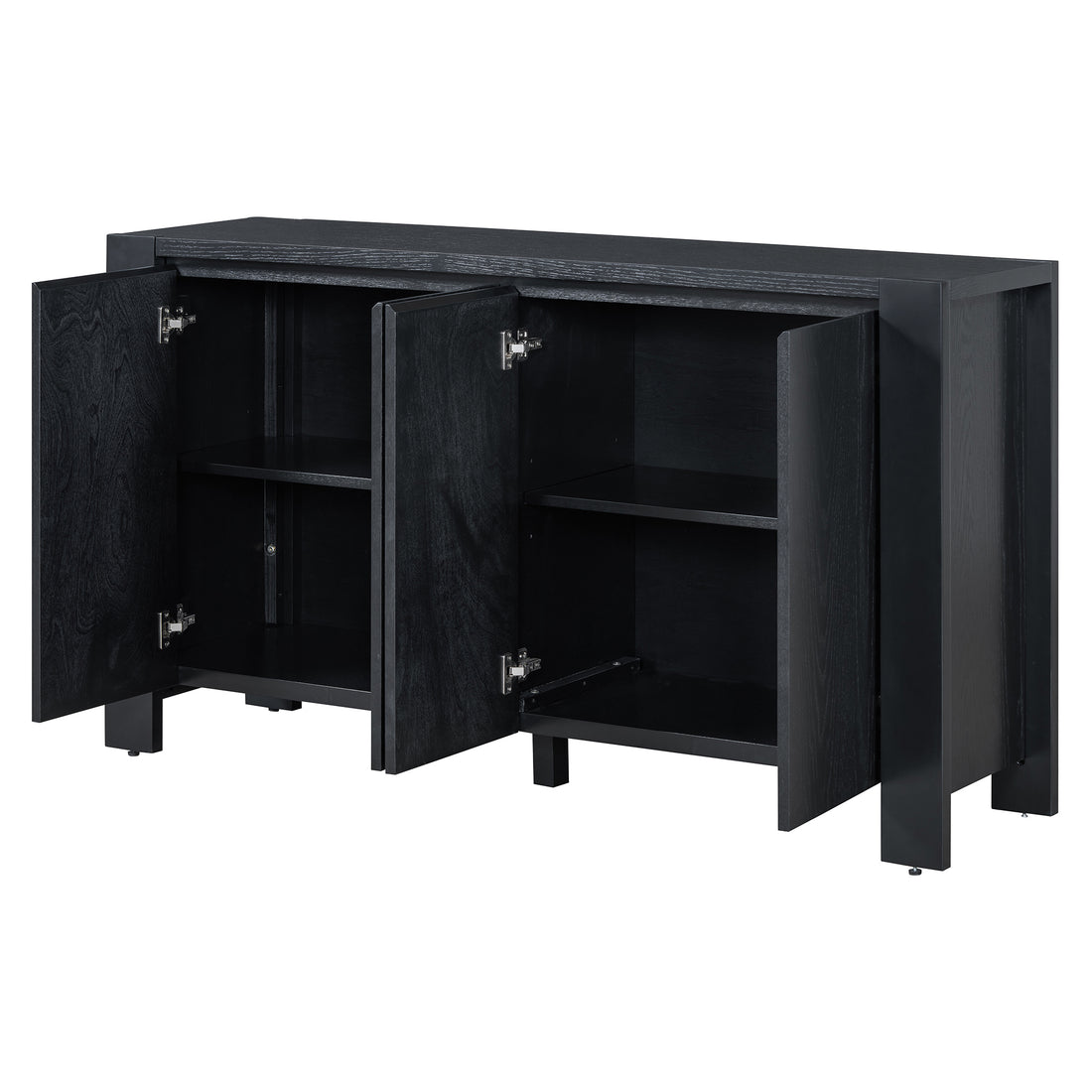 Retro 4 Door Sideboard With Distressed Finish And Adjustable Shelves For Dining Room, Kitchen, And Living Room Black Black Mdf,Rubber Wood