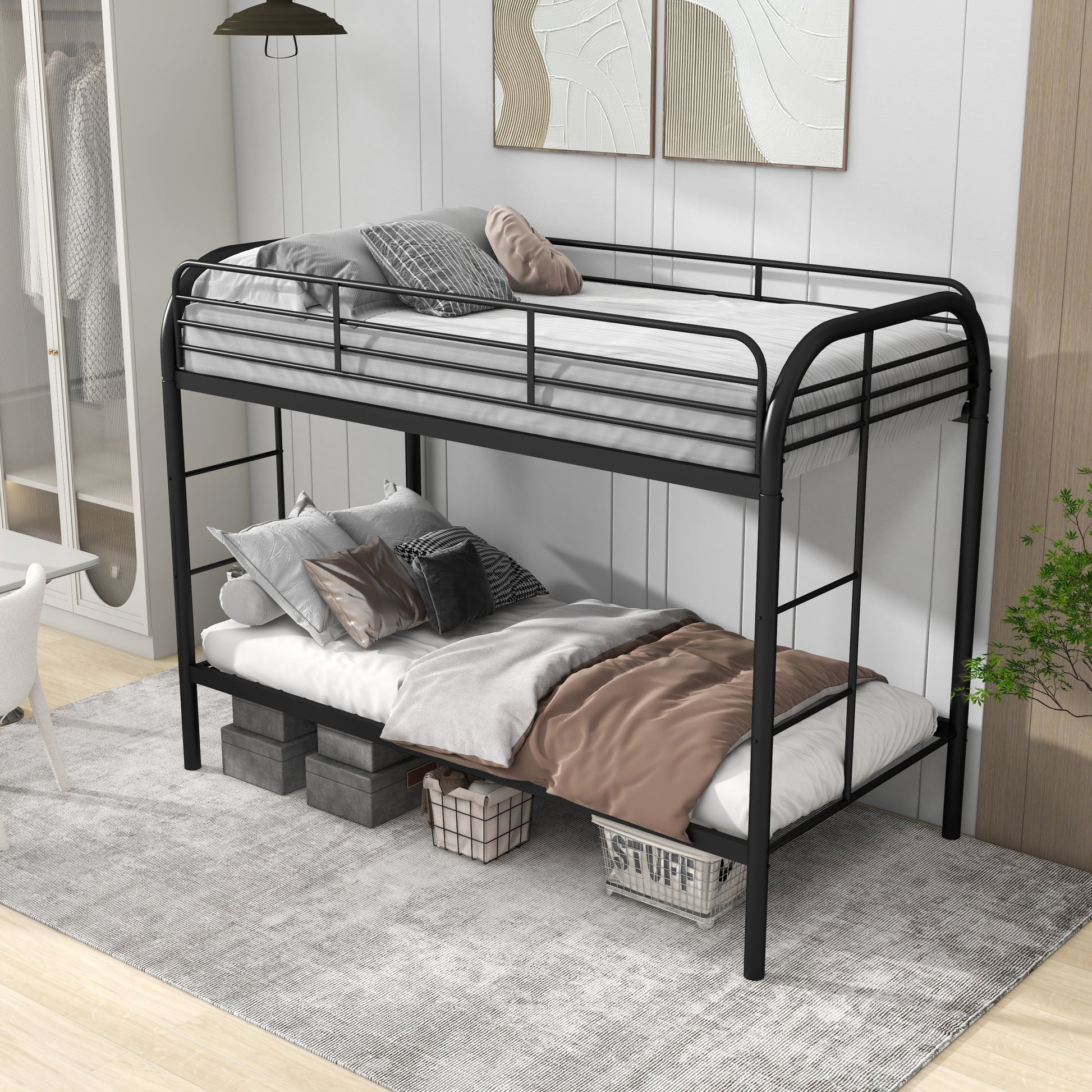 Twin Over Twin Bunk Bed With Ladders Twin Black Steel