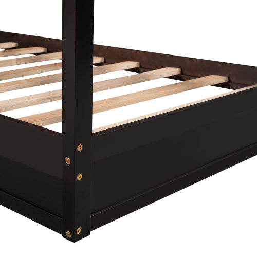 Wood House Bed Twin Size, 2 Twin Solid Bed L Structure With Fence And Slatted Frame, Espresso Twin Espresso Plywood