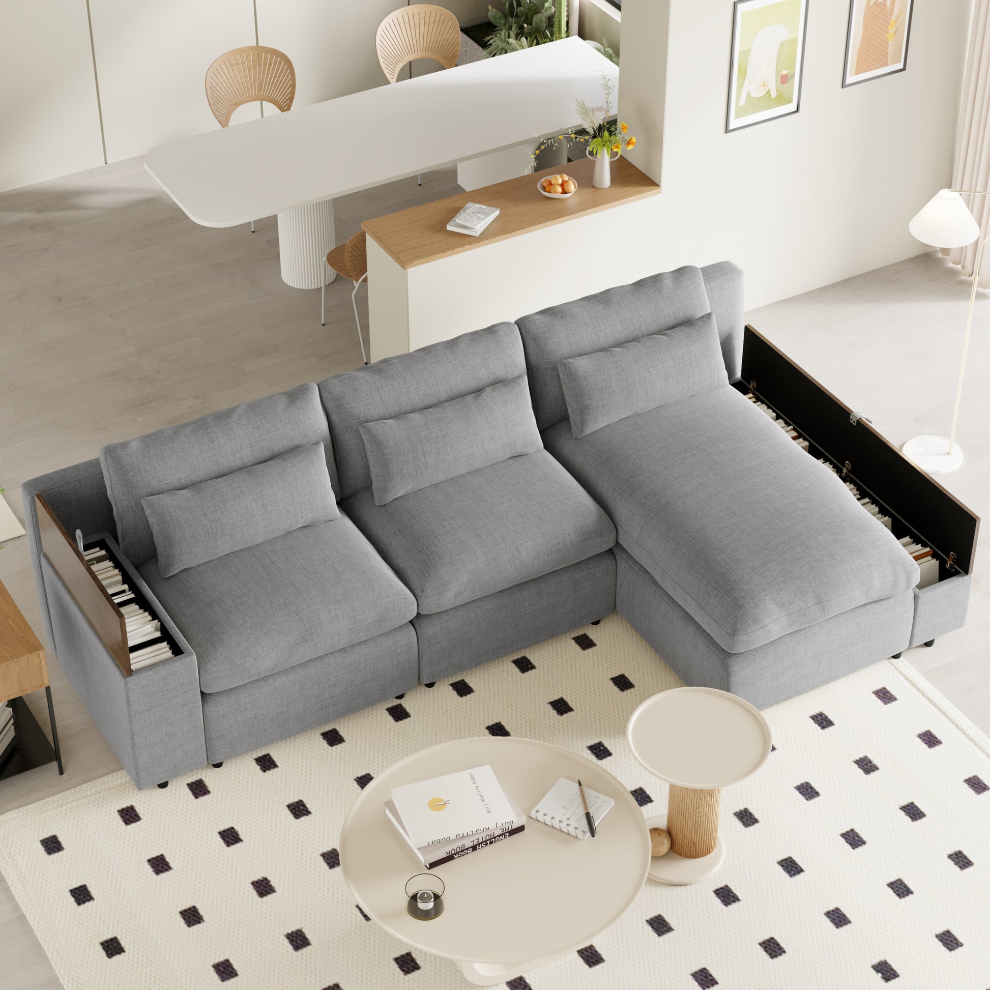 L Shaped Modular Sectional Sofa With Removable Back Cushions,3 Pillows And 2 Storage Spaces,Suitable For Living Rooms,Offices And Apartments Gray Polyester 3 Seat