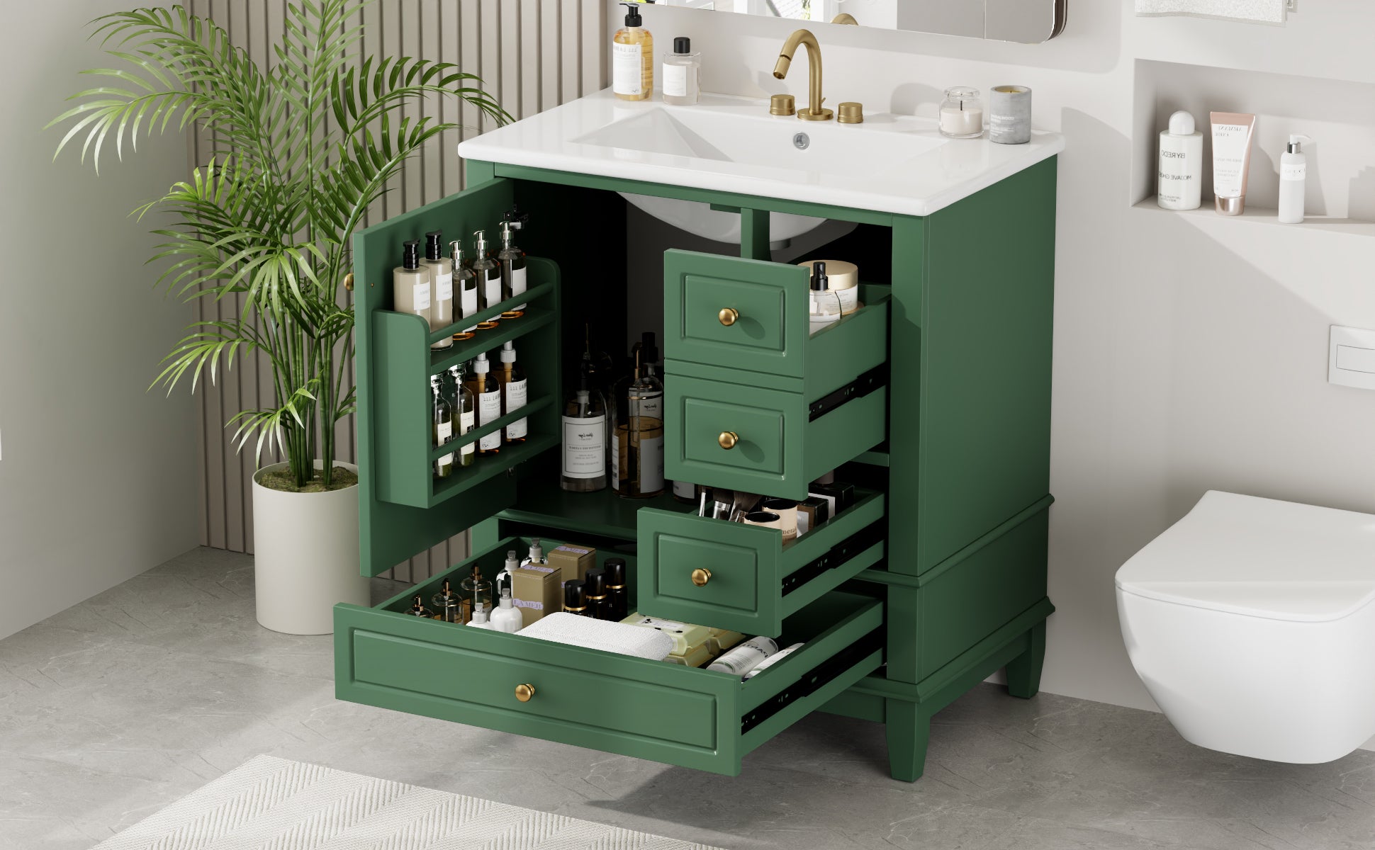 30" Bathroom Vanity With Sink, One Door With Shelf And Three Drawers, Soft Close Door, Green Green Ceramic Mdf,Rubber Wood