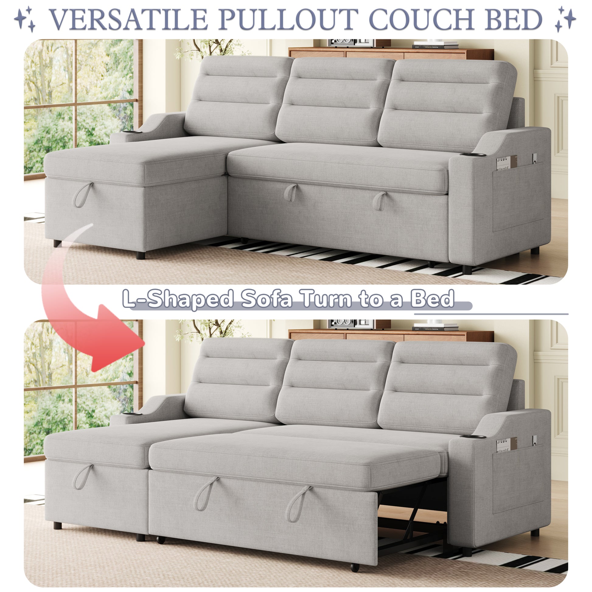 Mh83.5" Convertible Sleeper Combo Sofa, Convertible Sofa Bed Polyester Pullout Bed With Storage Recliner And Cup Holder For Living Room, Tight Spaces Light Grey Polyester Primary Living Space Pine Foam Fabric 3 Seat