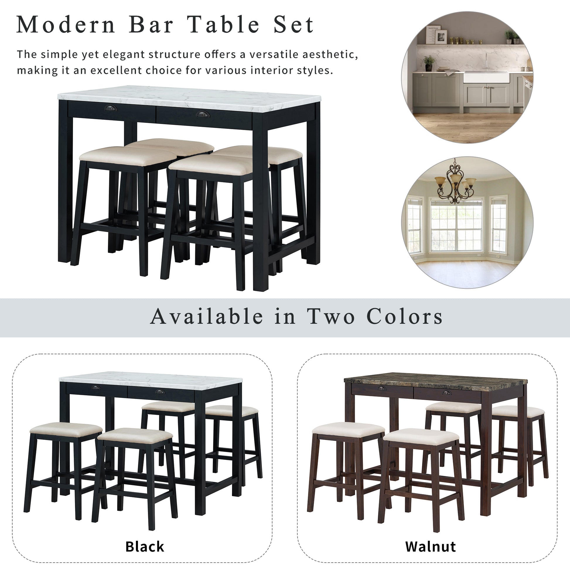 5 Piece Modern Faux Marble Versatile Bar Table Set With Storage Drawers And Padded Stools, Ideal For Space Saving Dining Nooks Or Small Kitchens Black Black Solid Wood Mdf