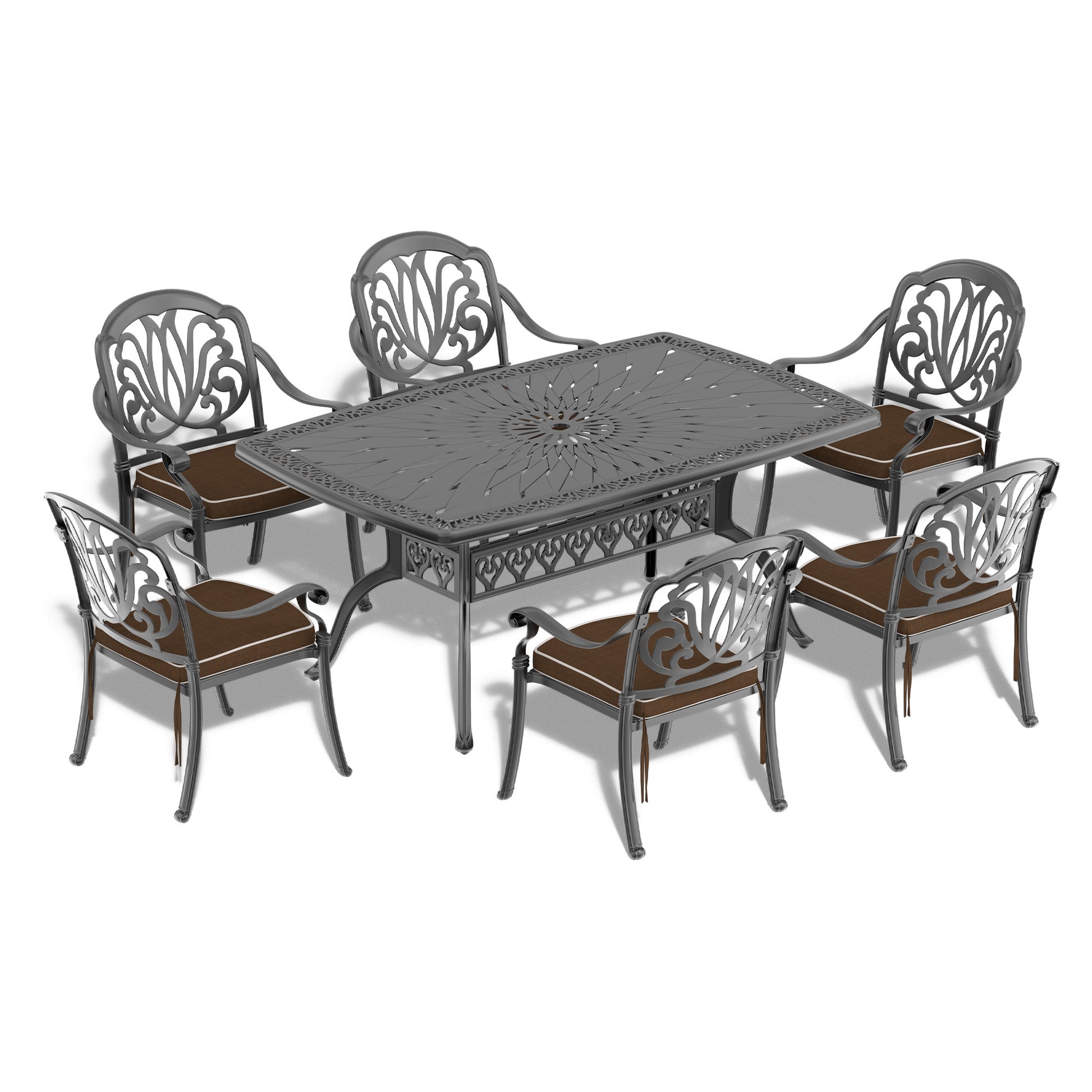 Cushions In Random Colors 7 Piece Set Of Cast Aluminum Patio Furniture With Cushions Yes Dining Set Black Seats 6 Rust Resistant Frame Water Resistant Cushion Garden & Outdoor Complete Patio Sets Aluminium