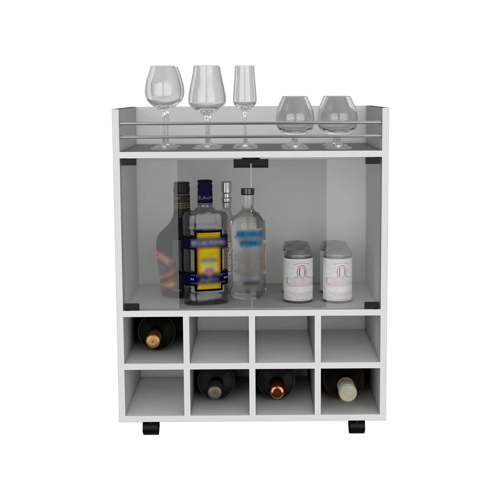 32" H White Bar Coffee Cart, Kitchen Or Living Room Cabinet Storage With 4 Wheels, With 8 Bottle Racks, A Central Shelf Covered By 1 Glass Door, Ideal For Storing Glasses And Snacks White Particle Board Particle Board