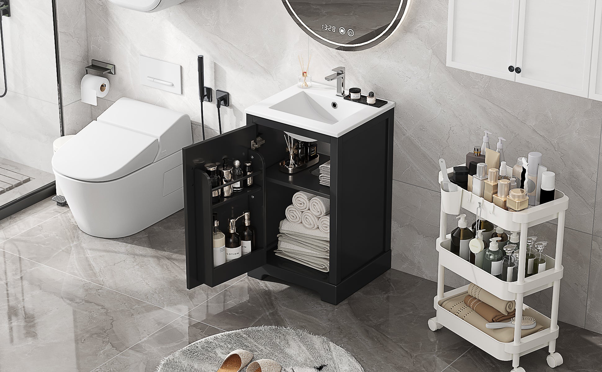 20" Bathroom Vanity With Sink, Bathroom Cabinet With Soft Closing Door, Storage Rack And Adjustable Shelve, Black Black Mdf