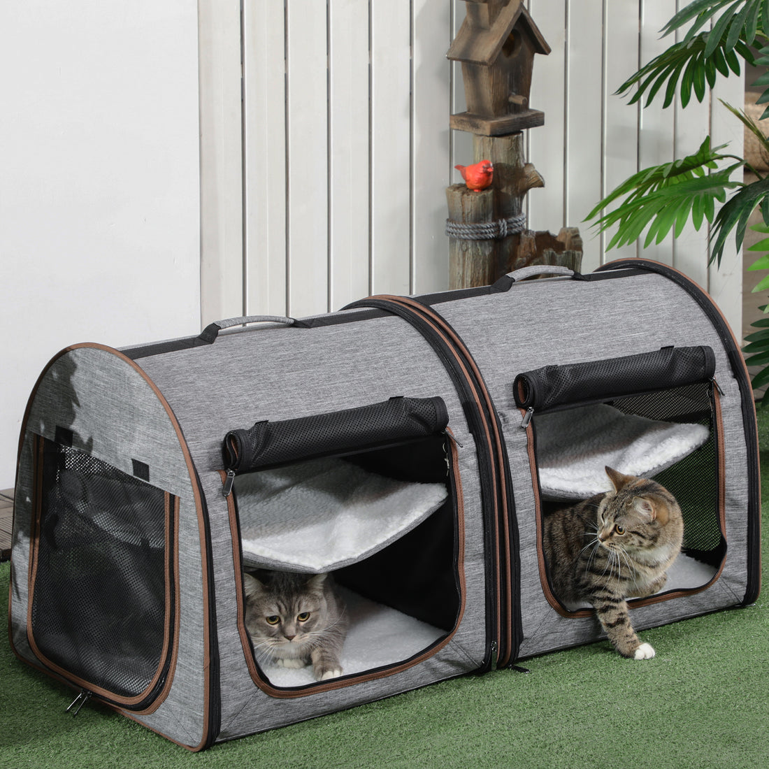 Pawhut 39" Portable Soft Sided Pet Cat Carrier With Divider, Two Compartments, Soft Cushions, & Storage Bag, Grey Gray Polyester