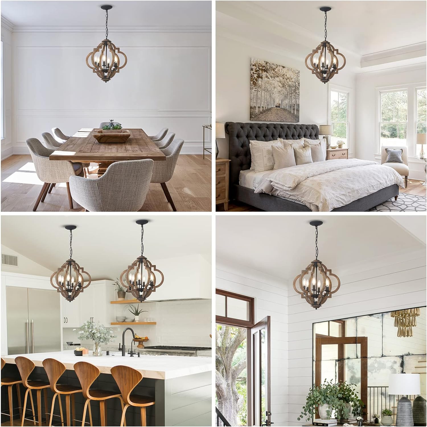 Farmhouse Chandeliers For Dining Room, 6 Light Rustic Dining Room Light Fixture Over Table, Wood Black Hanging Pendant Lights Kitchen Island, Boho Chandelier For Bedrooms Entryway Living Room Wood Wood Metal